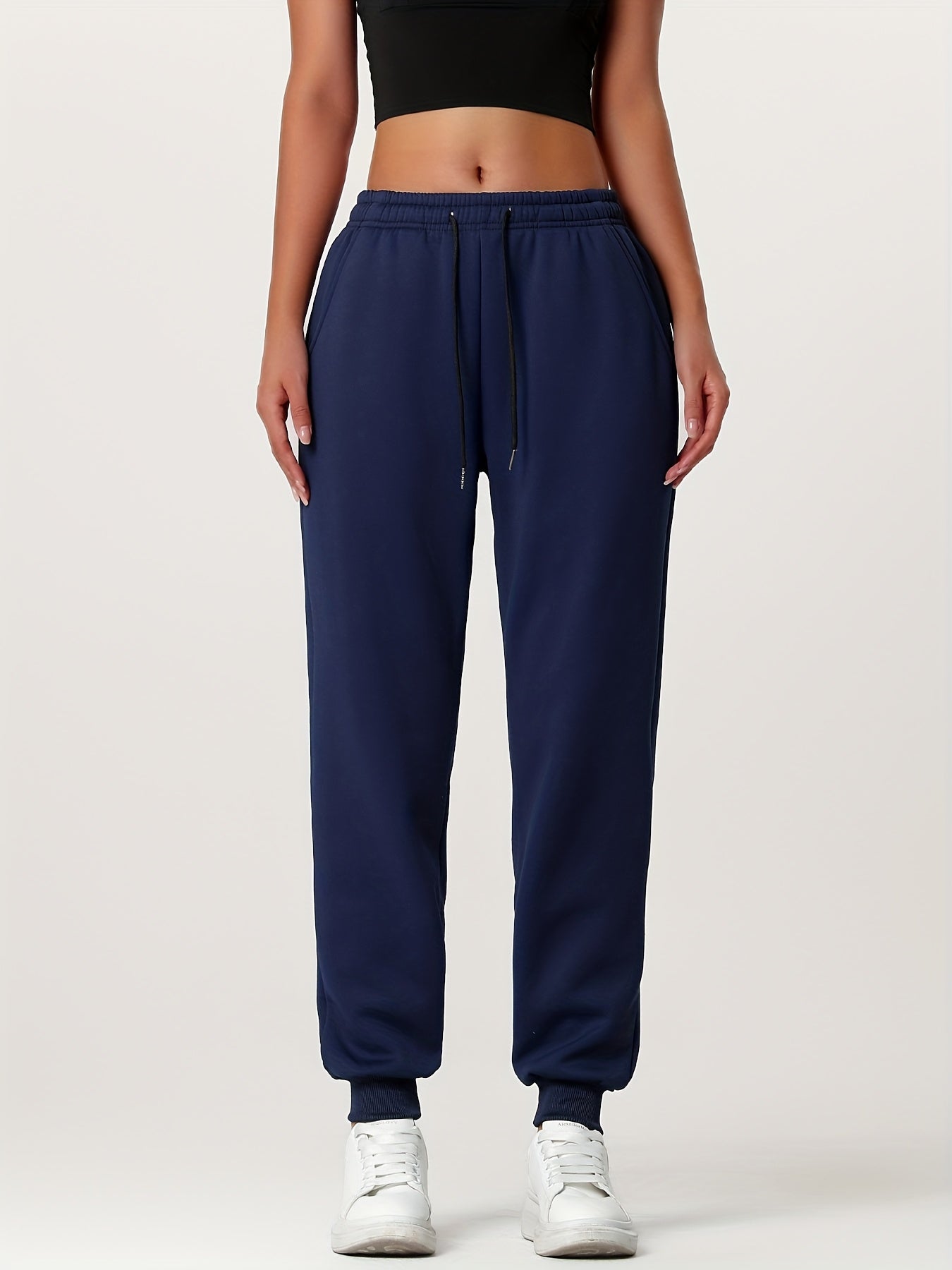 1pc Autumn Winter Women's Long Pants, Fleece-Lined Warm Casual Sports Trousers with Elastic Drawstring Waist, Slant Pockets, Windproof Thermal Cuffed Pants for Winter Daily Home Outing Hiking Leisure Wear