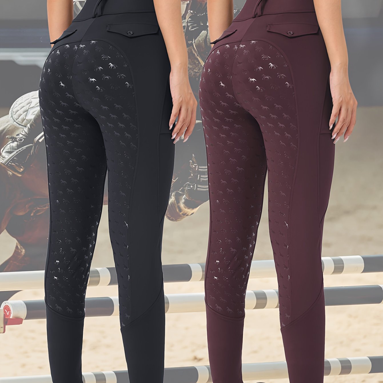 Two-Piece Women'S Equestrian Pants High-Waisted Butt-Lifting Breathable Riding Pants with Side Pockets, Full-Seat Silicone Quick-Dry Tight-Fitting Shaping High-Elasticity Anti-Slip Horseback Riding Pants Suitable for Professi