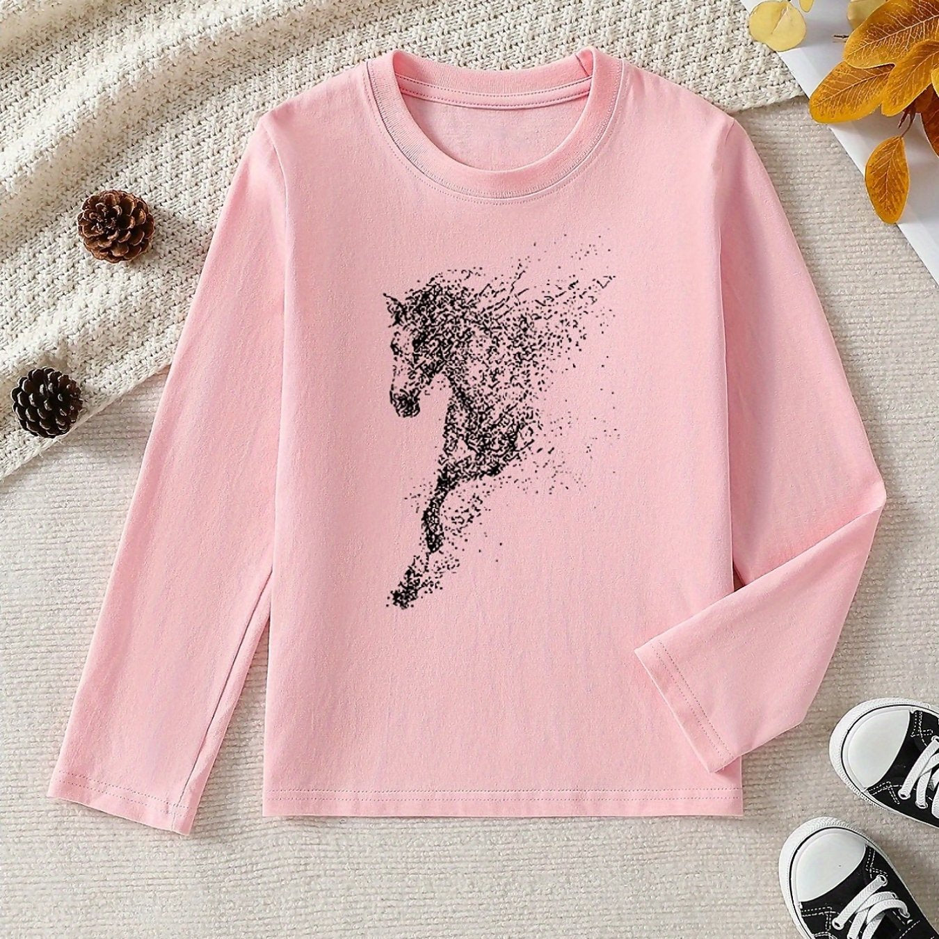 Girls' 100% Cotton Long Sleeve T-Shirt - Soft & Breathable Everyday Top with Horse & Rider Equestrian Print, Round Neck Casual Pink Blouse for Home, Outdoor & Sports | All-Season Comfort, Machine Washable, Ideal for Horseback
