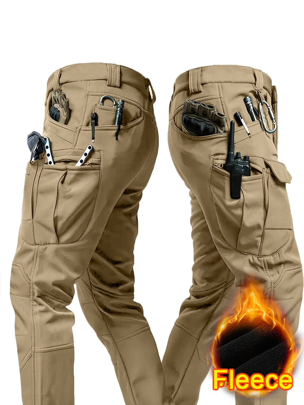 1pc Men's Fleece-Lined Warm Tactical Cargo Pants, Winter Thickened Style with Multiple Front and Back Zippers & Side Slanting Flap Patches for Outdoor Hiking/Fishing, Cold Weather Clothing, Fishing Pants, Rugged Design, Tacti