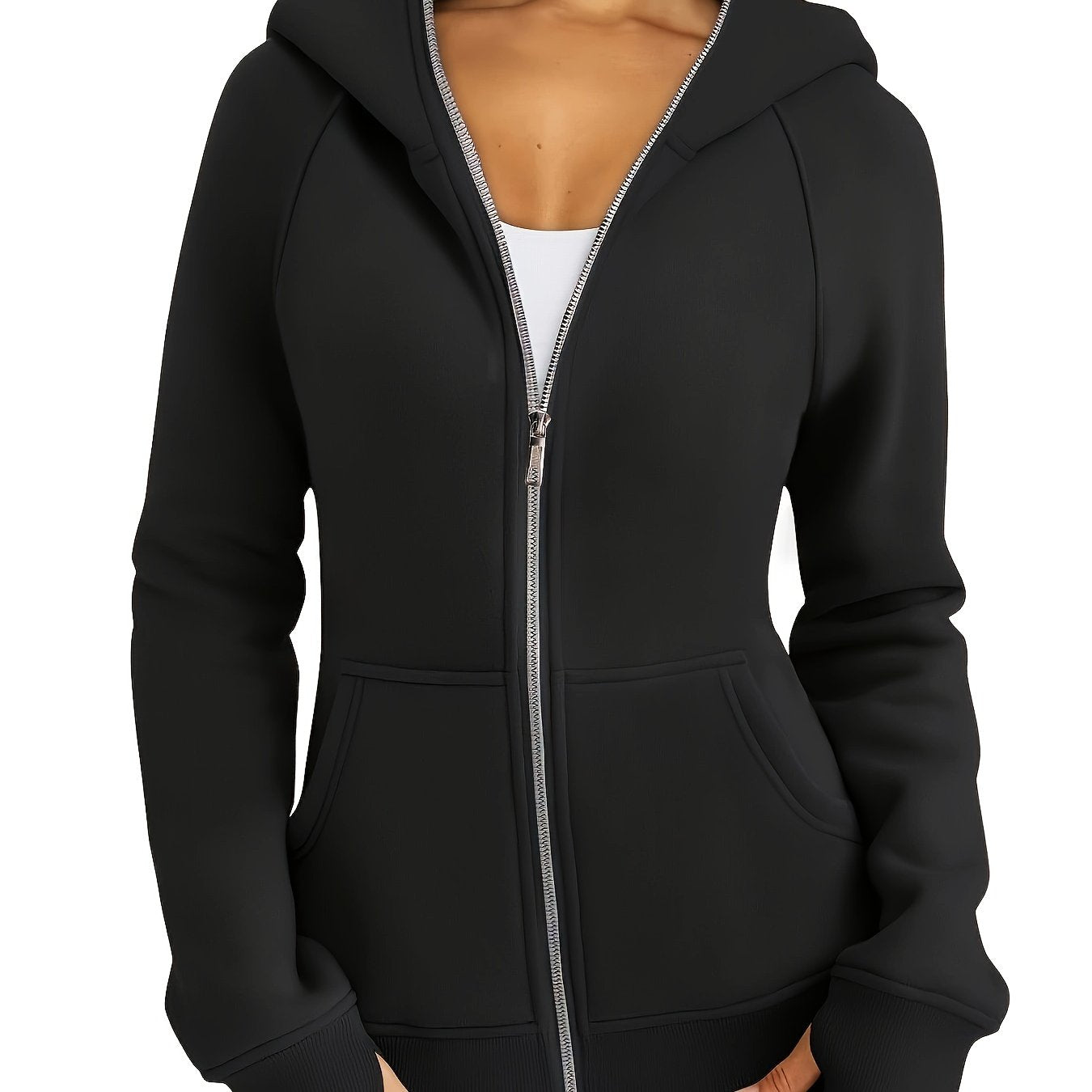 Women'S Casual Hooded Sweatshirt - Black, Long Sleeve, Zip-Up with Pockets, Cozy Fall/Winter Pullover for Casual Attire, Casual Wear Hoodie | Zipup Hoodie | Glossy Finish Fabric