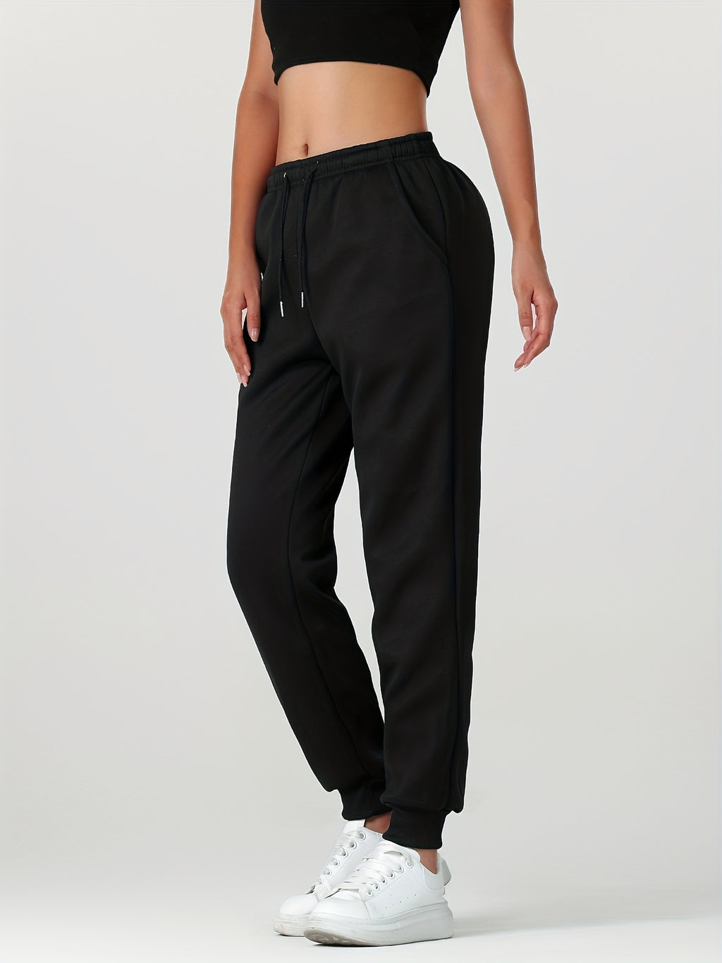 1pc Autumn Winter Women's Long Pants, Fleece-Lined Warm Casual Sports Trousers with Elastic Drawstring Waist, Slant Pockets, Windproof Thermal Cuffed Pants for Winter Daily Home Outing Hiking Leisure Wear