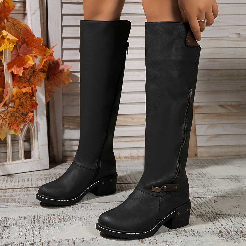 Vintage Style Women's Knee High Boots with Side Zipper, Chunky High Heel, Round Toe, Solid Color, Faux Leather, TPR Sole, Casual Fall Collection