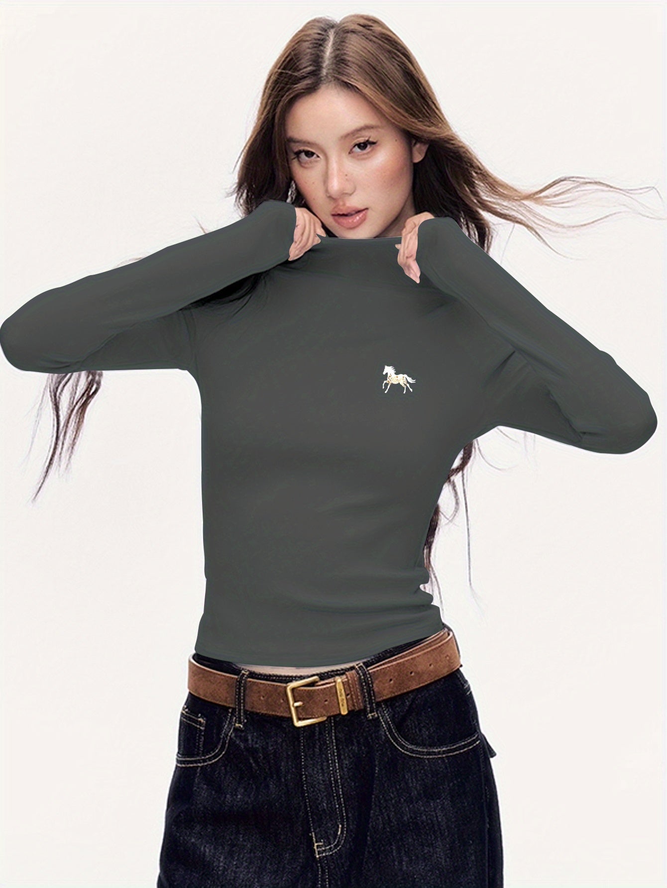 Women'S Elegant Half-Turtleneck Long Sleeve T-Shirt - Soft Fleece-Like Fabric, Black with White Horse Silhouette & Golden Accents, Machine Washable, Versatile Casual & Formal Wear, Winter Warmth, 2025 Autumn Winter Essential,