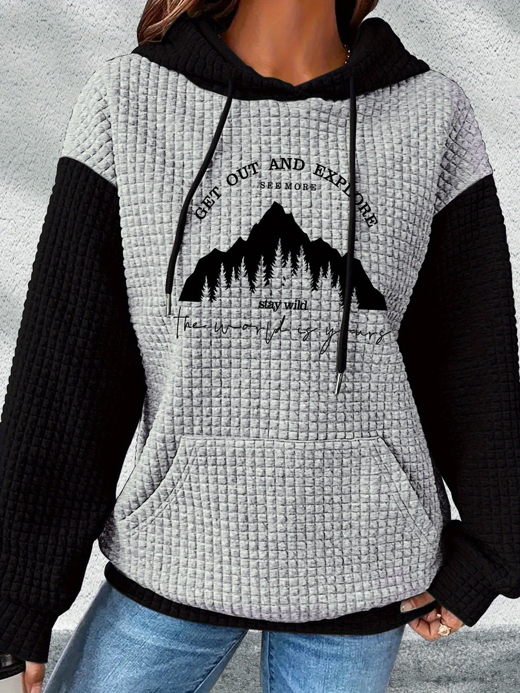 graphic print hoodie, drawstring casual hooded sweatshirt for winter & fall, Women's clothing, Loungewear, Winter Fashion, Urban Style, Geometric Pattern, Cozy Fabric, Quality Stitching, Unisex Style, Printed Hoodie, Women's