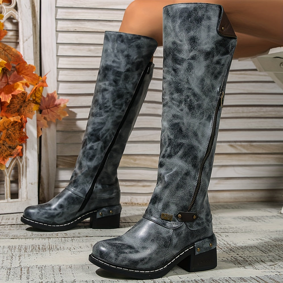 Vintage Style Women's Knee High Boots with Side Zipper, Chunky High Heel, Round Toe, Solid Color, Faux Leather, TPR Sole, Casual Fall Collection