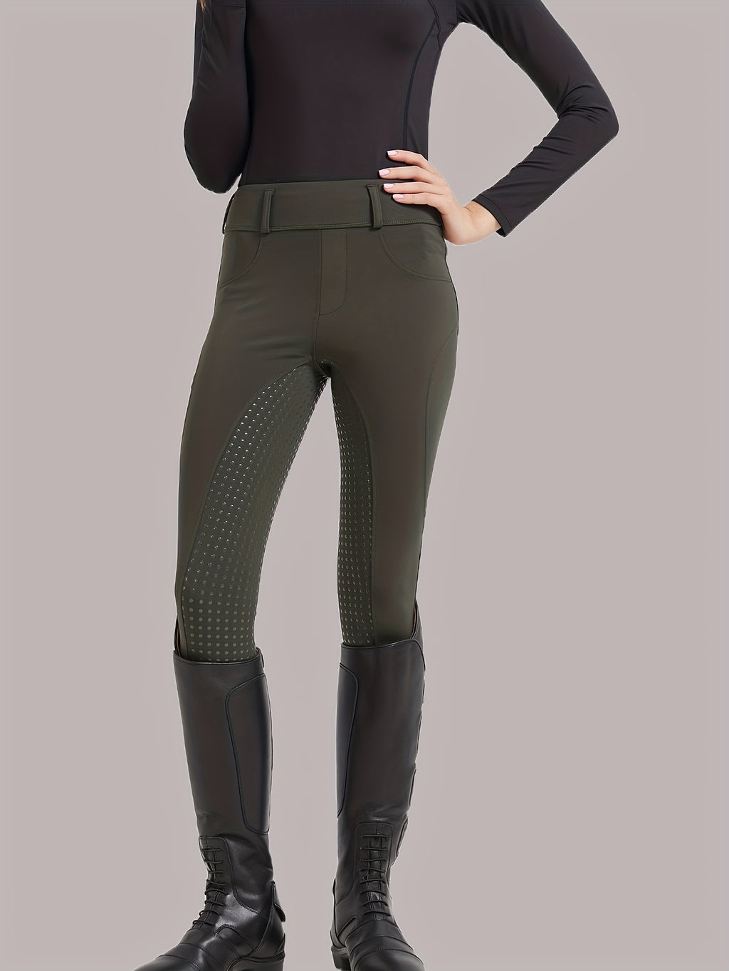 Women'S Equestrian Riding Pants, Quick-Dry Polyester 80% Spandex 20% Knit Fabric, Geometric-Pattern Skinny Cycling Trousers with Pockets, High Stretch, All-Season, 300g/m² - Belt Not Included