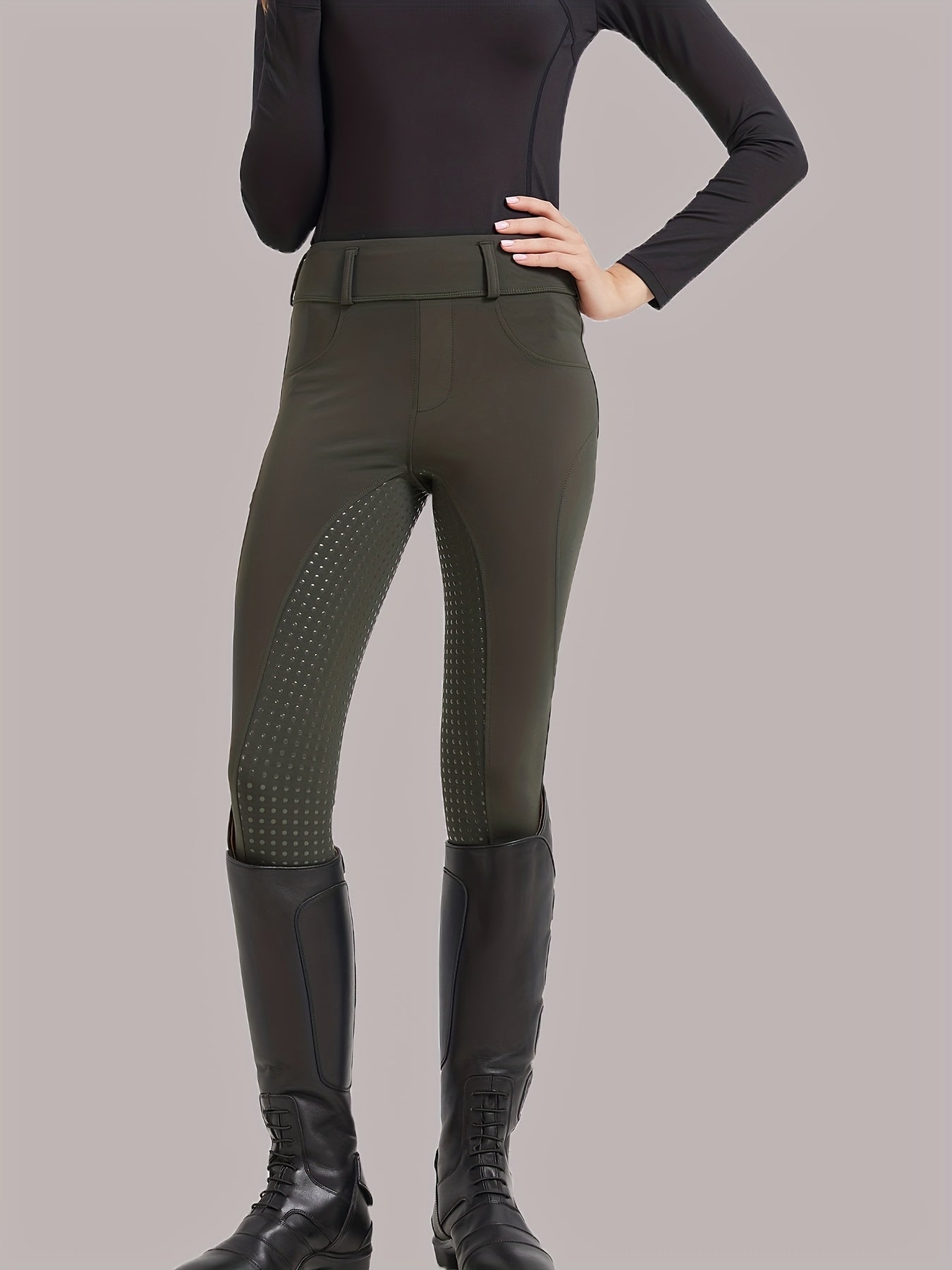 Women'S Equestrian Riding Pants, Quick-Dry Polyester 80% Spandex 20% Knit Fabric, Geometric-Pattern Skinny Cycling Trousers with Pockets, High Stretch, All-Season, 300g/m² - Belt Not Included
