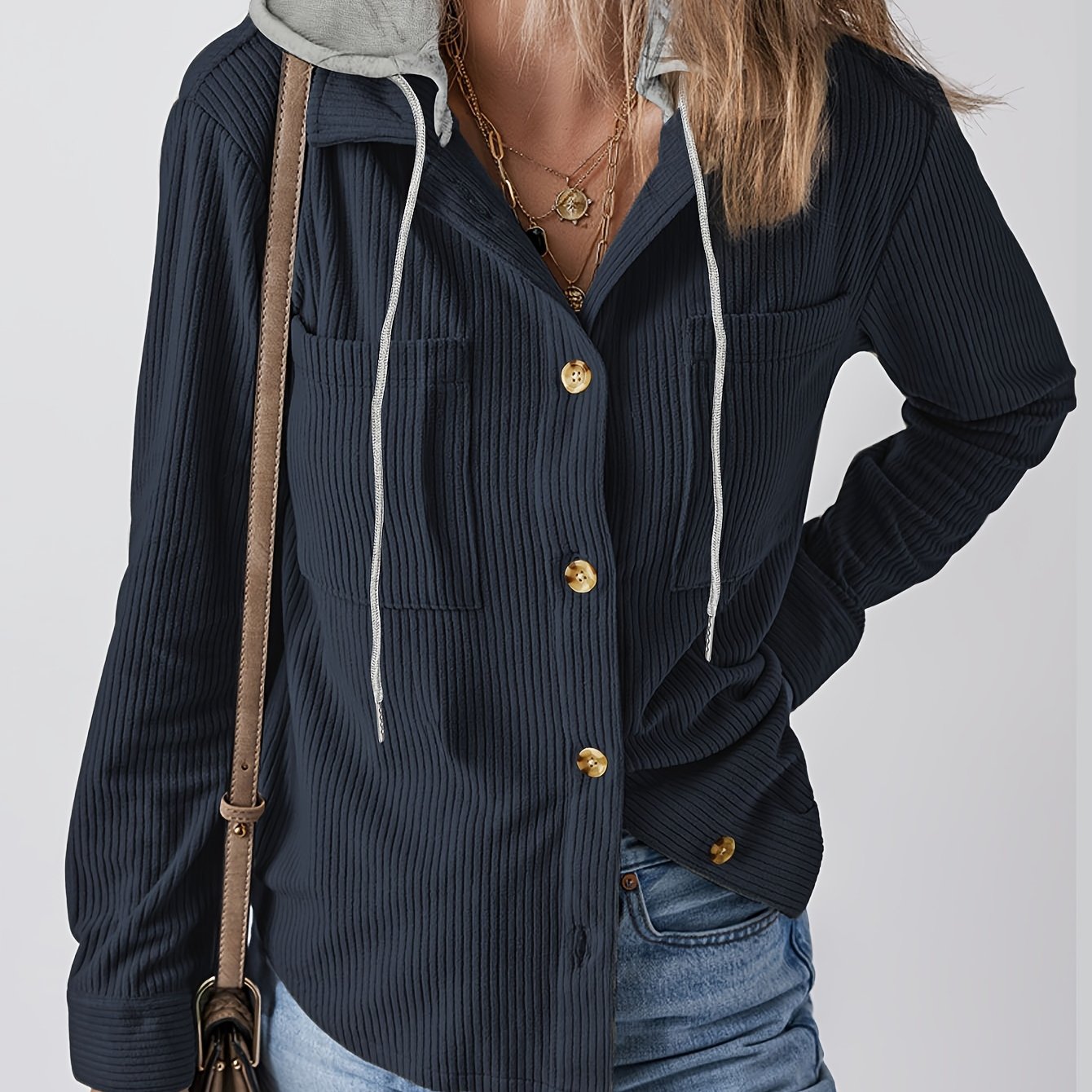 Women'S Casual Long Sleeve Hooded Jacket - Solid Color Black, Button-Up Front, Cozy Fall/Winter Outerwear with Drawstring Hood, Buttoned Cuffs, and Chest Pockets, Casual Wear Hoodie | Minimalist Fashion | Functional Pockets