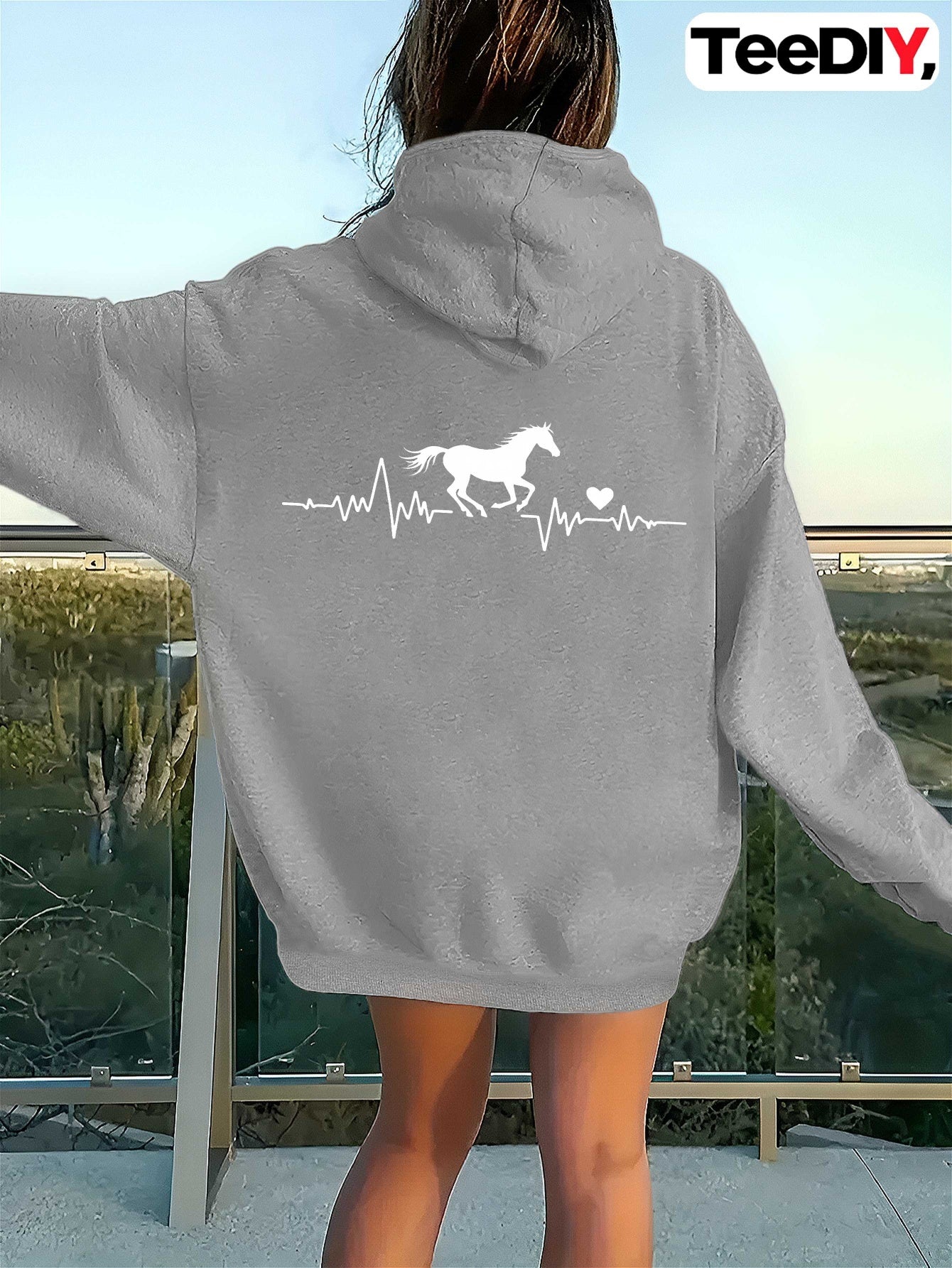 teediy Women'S Horse Heartbeat Minimalist Line Hooded Sweatshirt - Elegant Horse & Heartbeat Design, Long Sleeve Casual Pullover with Pockets