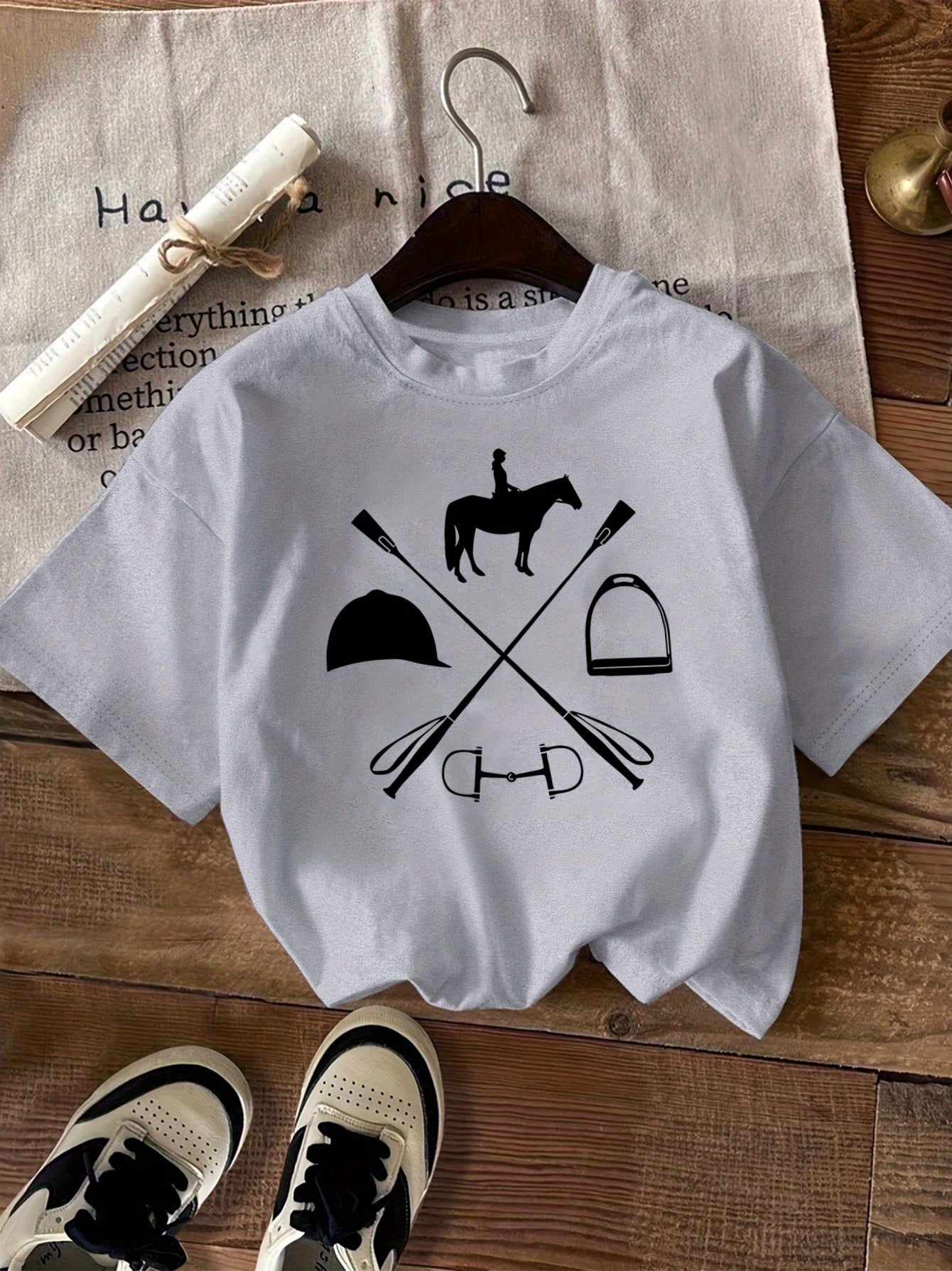 Women's Equestrian & Geometric Print Short Sleeve Crew Neck T-Shirt - Vibrant Red with Black Horseback Riding Design, Breathable Machine-Washable Casual Top for Summer, Spring & All-Season Wear, Horse Shirt, Summer Fashion, S