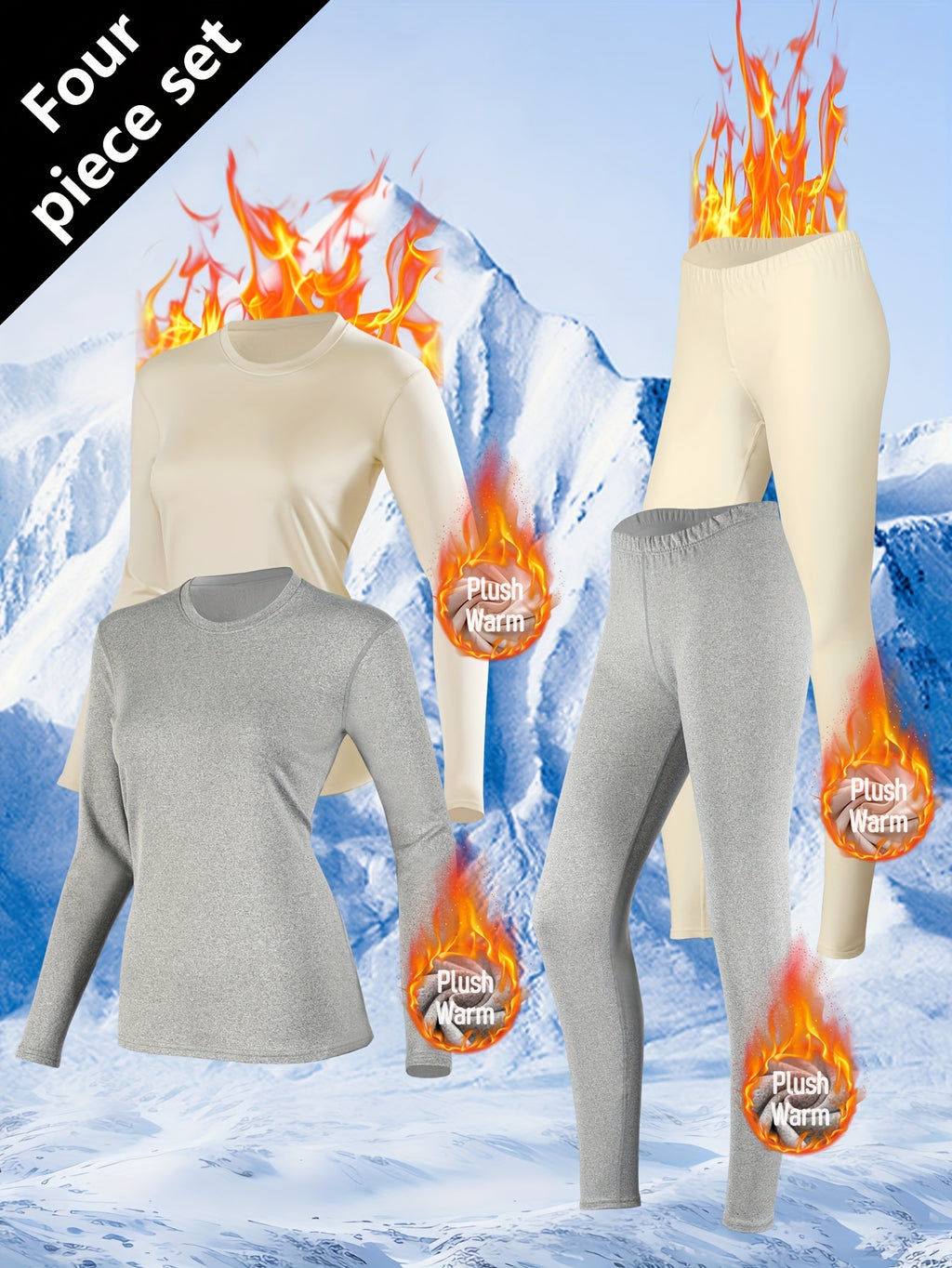 4pcs Autumn Set for Women: Warm Underwear, Fleece-Lined Thermal Base Layer Top and Pants for Winter