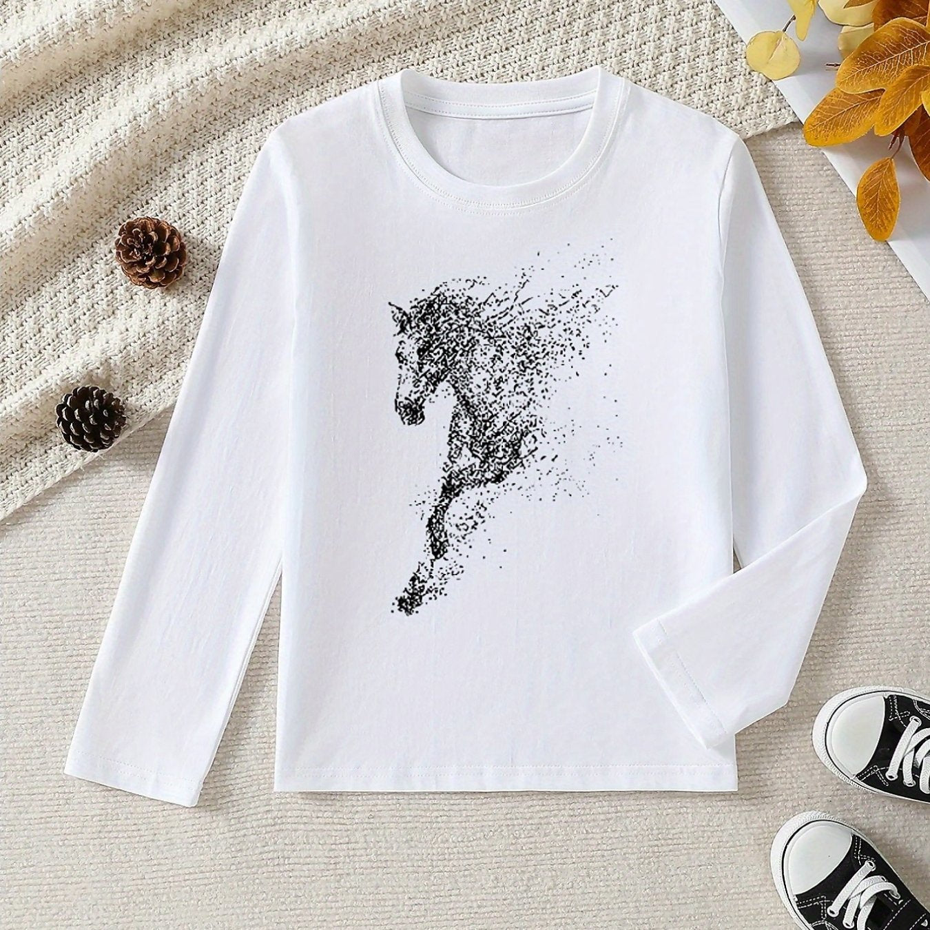 Girls' 100% Cotton Long Sleeve T-Shirt - Soft & Breathable Everyday Top with Horse & Rider Equestrian Print, Round Neck Casual Pink Blouse for Home, Outdoor & Sports | All-Season Comfort, Machine Washable, Ideal for Horseback