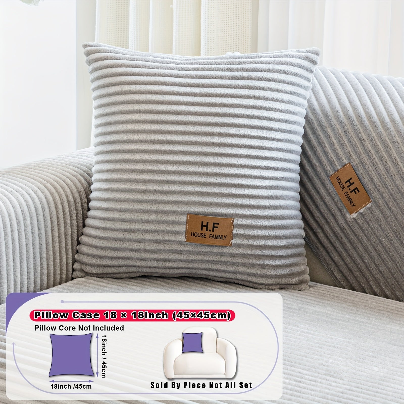 1pc HF Modern Plush Flannel Sofa Cushion Cover - Pet-Friendly Non-Slip Sofa Protector with Striped Design & Leather-Like Patches, Machine Washable Furniture Cover for 3/2/4-Seater, Living Room, Bedroom, Office Decor, Bedroom