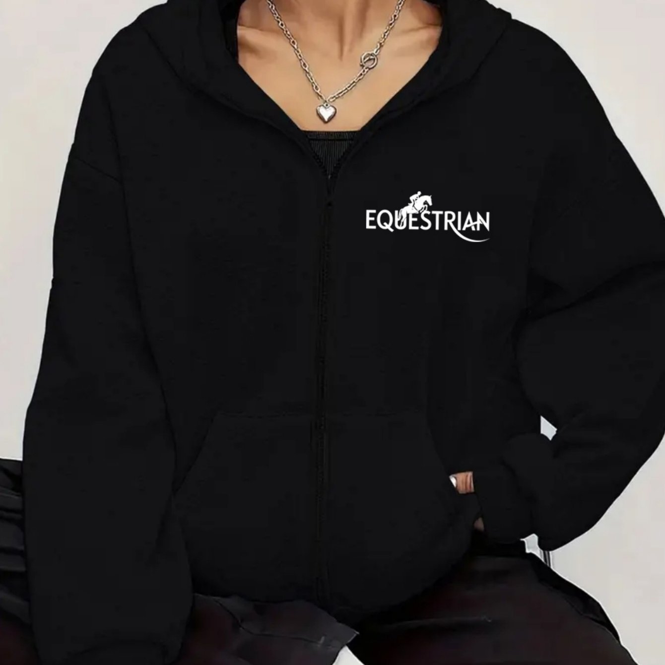 Women's Equestrian Print Hooded Zip-Up Jacket - Horse Head & Lettering Design, All-Season Casual Sportswear Coat, Machine Washable Relaxed Fit Outerwear for Horseback Riding & Everyday Use