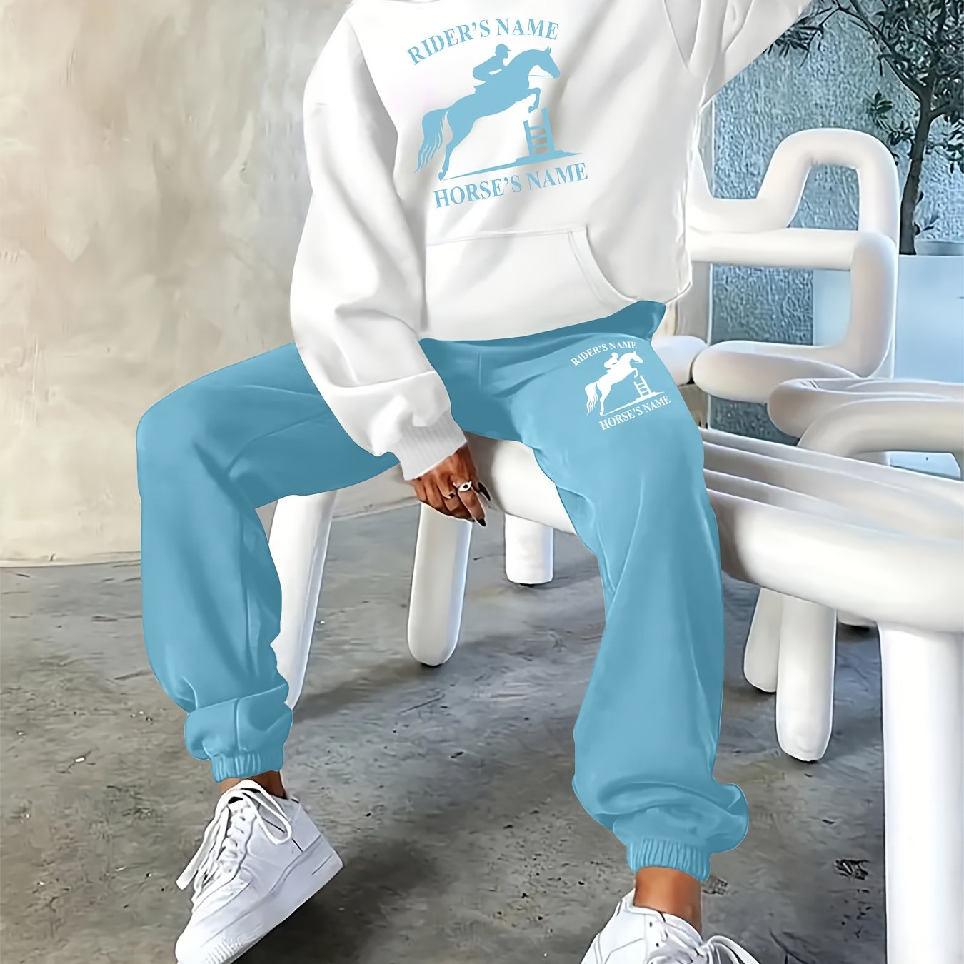 2025 Autumn/Winter New Arrival, Rider and Horse Pattern, Casual Letter Print Loose Warm Long Sleeve Hooded Sweatshirt and Drawstring Pants Women'S Two-Piece Set, Winter Clothing, Casual Wear, Trendy Outfit, Hooded Sweatshirt,