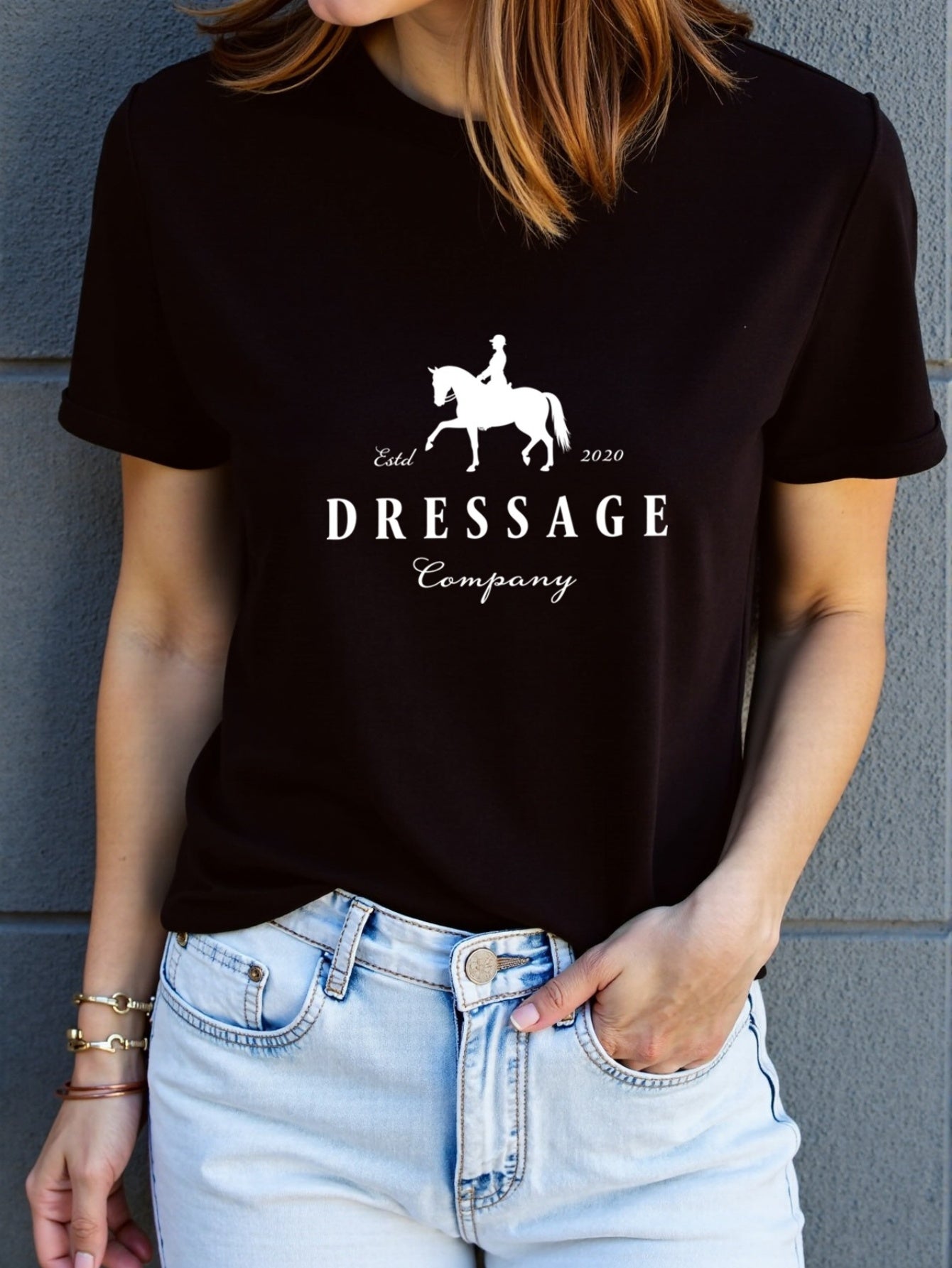 Women'S Elegant Dressage Graphic T-Shirt - White Tee with Black Dressage Text, Soft Breathable Polyester Blend Shirt for Equestrian Events, Casual Attire & Casual Outfits - All-Season Women'S Top, Horse T Shirt, Outdoor Activ