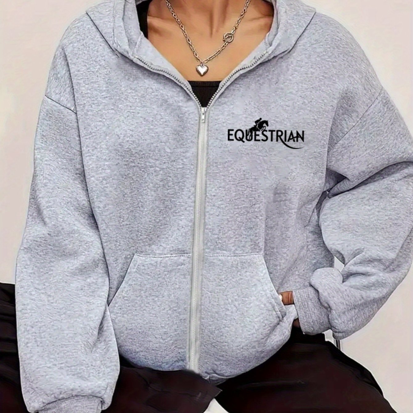 Women's Equestrian Print Hooded Zip-Up Jacket - Horse Head & Lettering Design, All-Season Casual Sportswear Coat, Machine Washable Relaxed Fit Outerwear for Horseback Riding & Everyday Use