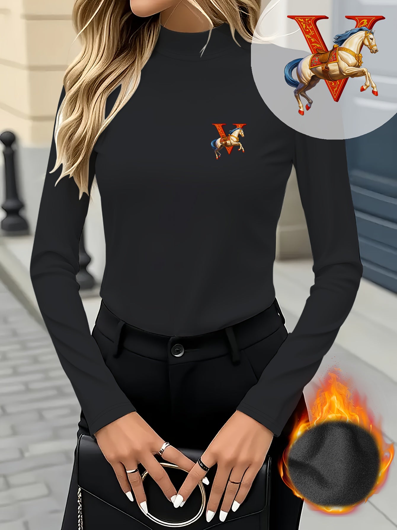 Women's Elegant Half-Turtleneck Long Sleeve Shirt with Royal V-Mark Equestrian Print - Soft Stretch German Fleece-like Fabric, Warm Winter Top for Casual & Formal Outfits, Horseback Riding Motif & Letter V Design, Versatile L