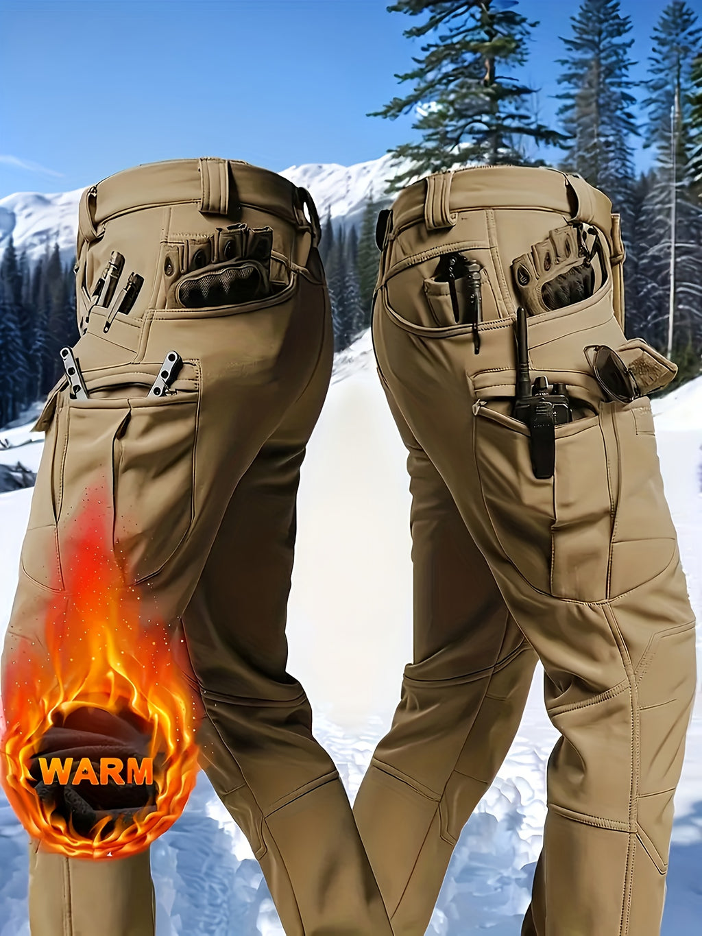 1pc Men's Fleece-Lined Warm Tactical Cargo Pants, Winter Thickened Style with Multiple Front and Back Zippers & Side Slanting Flap Patches for Outdoor Hiking/Fishing, Cold Weather Clothing, Fishing Pants, Rugged Design, Tacti