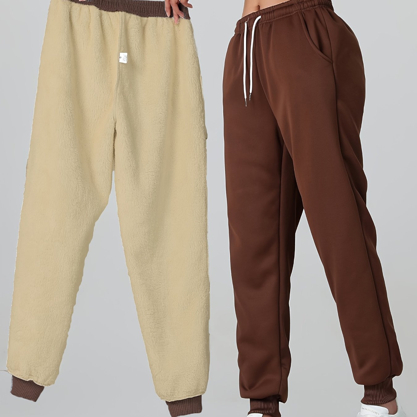 1pc Autumn Winter Women's Long Pants, Fleece-Lined Warm Casual Sports Trousers with Elastic Drawstring Waist, Slant Pockets, Windproof Thermal Cuffed Pants for Winter Daily Home Outing Hiking Leisure Wear