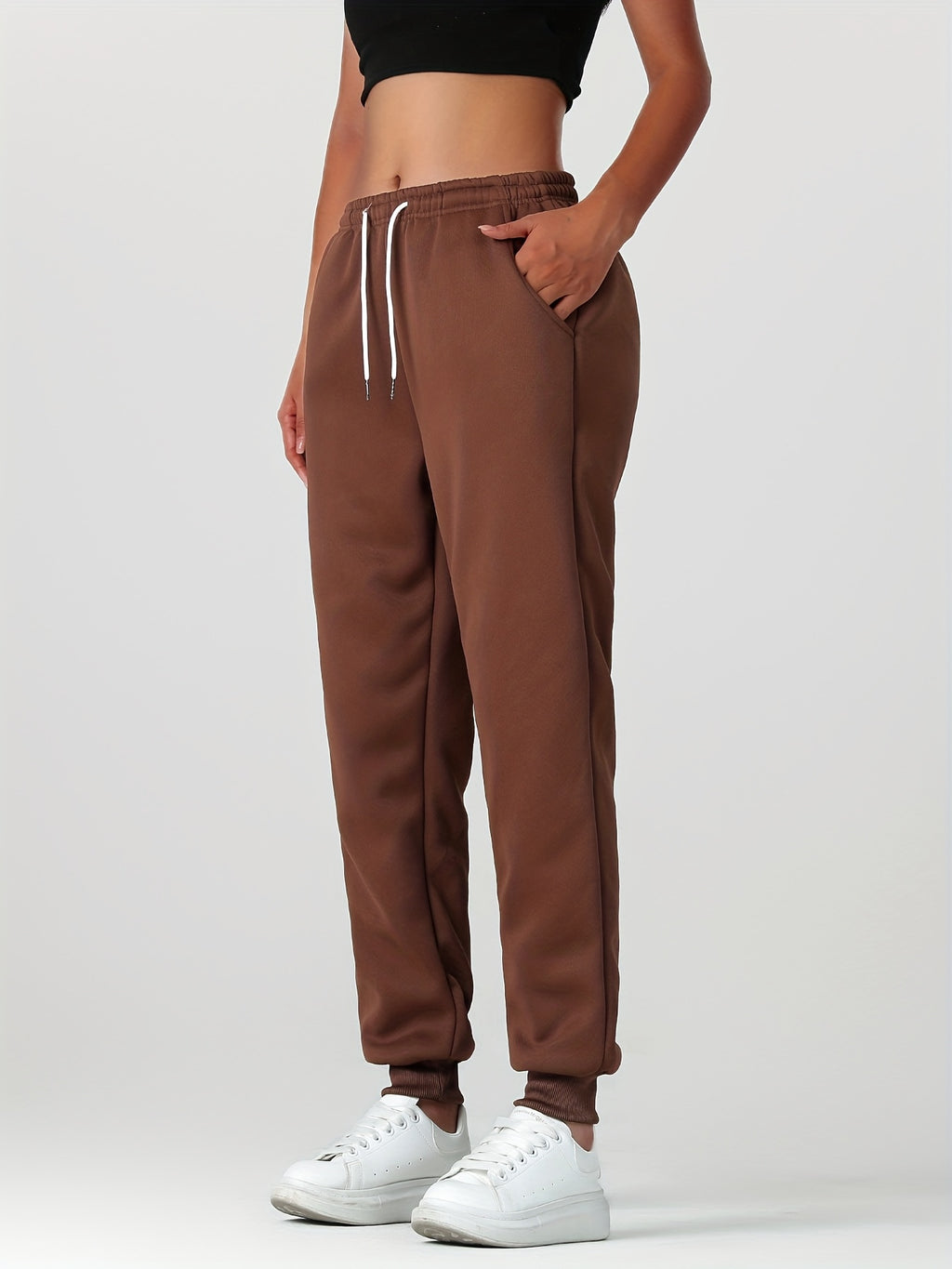 1pc Autumn Winter Women's Long Pants, Fleece-Lined Warm Casual Sports Trousers with Elastic Drawstring Waist, Slant Pockets, Windproof Thermal Cuffed Pants for Winter Daily Home Outing Hiking Leisure Wear