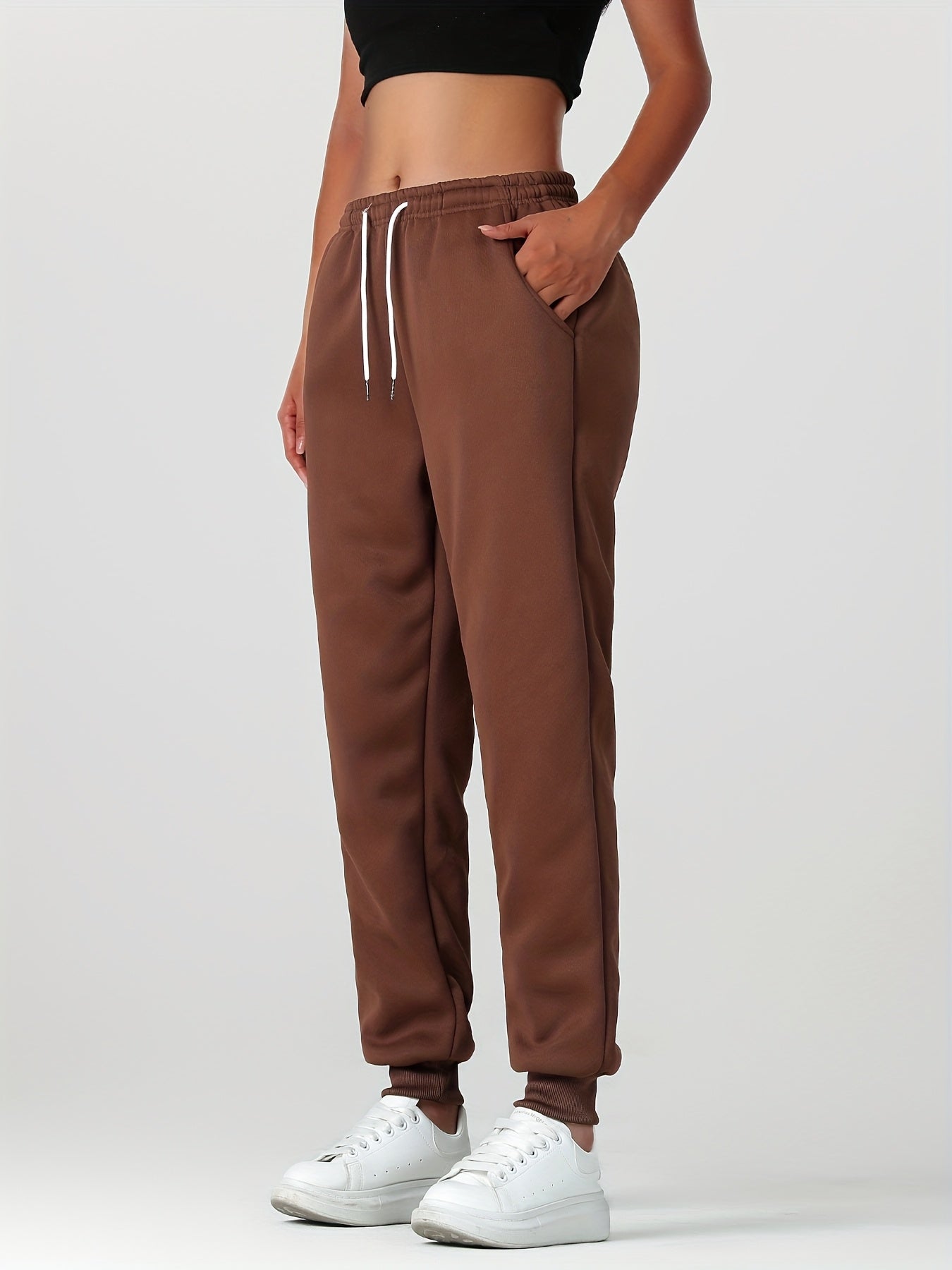 1pc Autumn Winter Women's Long Pants, Fleece-Lined Warm Casual Sports Trousers with Elastic Drawstring Waist, Slant Pockets, Windproof Thermal Cuffed Pants for Winter Daily Home Outing Hiking Leisure Wear