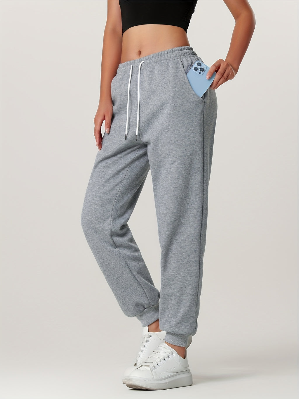 1pc Autumn Winter Women's Long Pants, Fleece-Lined Warm Casual Sports Trousers with Elastic Drawstring Waist, Slant Pockets, Windproof Thermal Cuffed Pants for Winter Daily Home Outing Hiking Leisure Wear