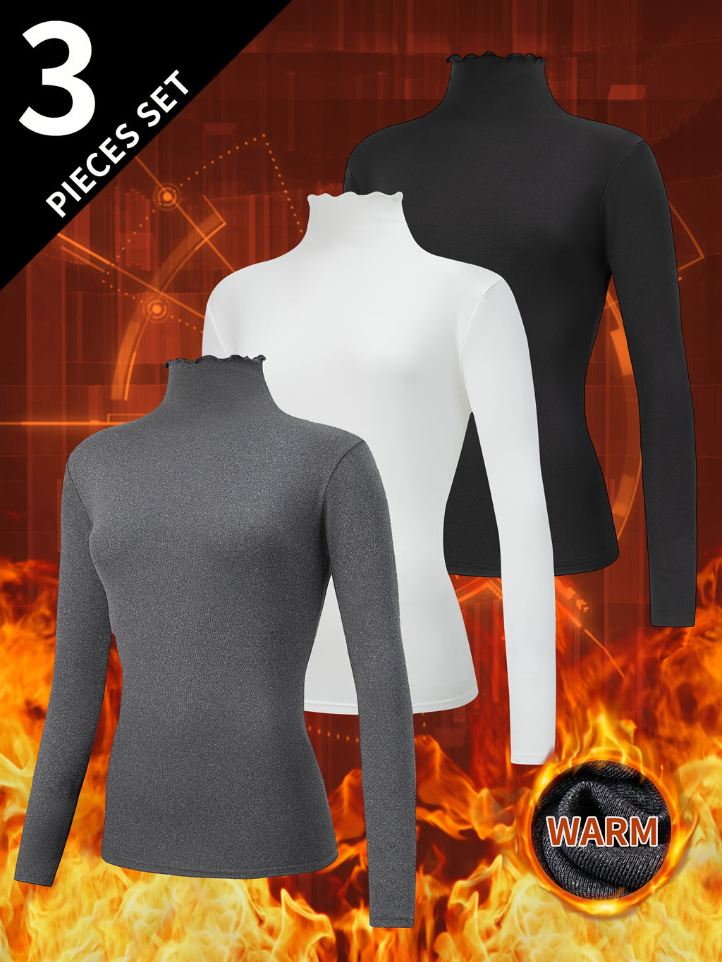 3pcs Women's Thermal Long Sleeve High Neck Tops - Stretchy Lace Collar Layering Shirts, Slim-Fit Winter Base Layers in Black/White/Grey | Soft Warmth for Casual & Formal Outfits, Hand Washable High-Elastic Fabric