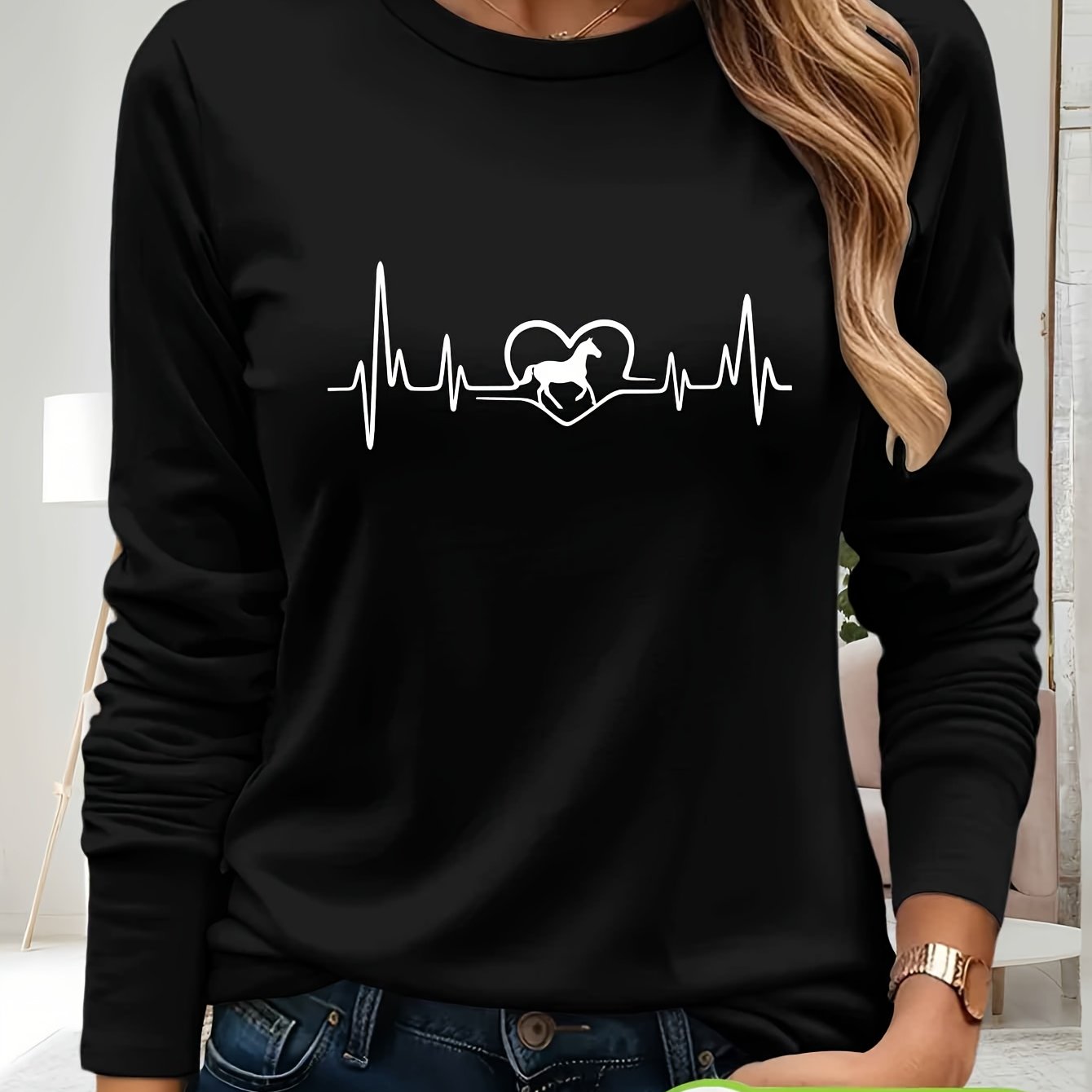 Women's 100% Cotton Long Sleeve T-Shirt - Heartbeat & Galloping Horse Graphic Print, Light Yellow Casual Round Neck Top for Spring/Summer, Machine Washable, Spring Summer Apparel, Unique Graphic Tee, Breathable Fabric, Spring