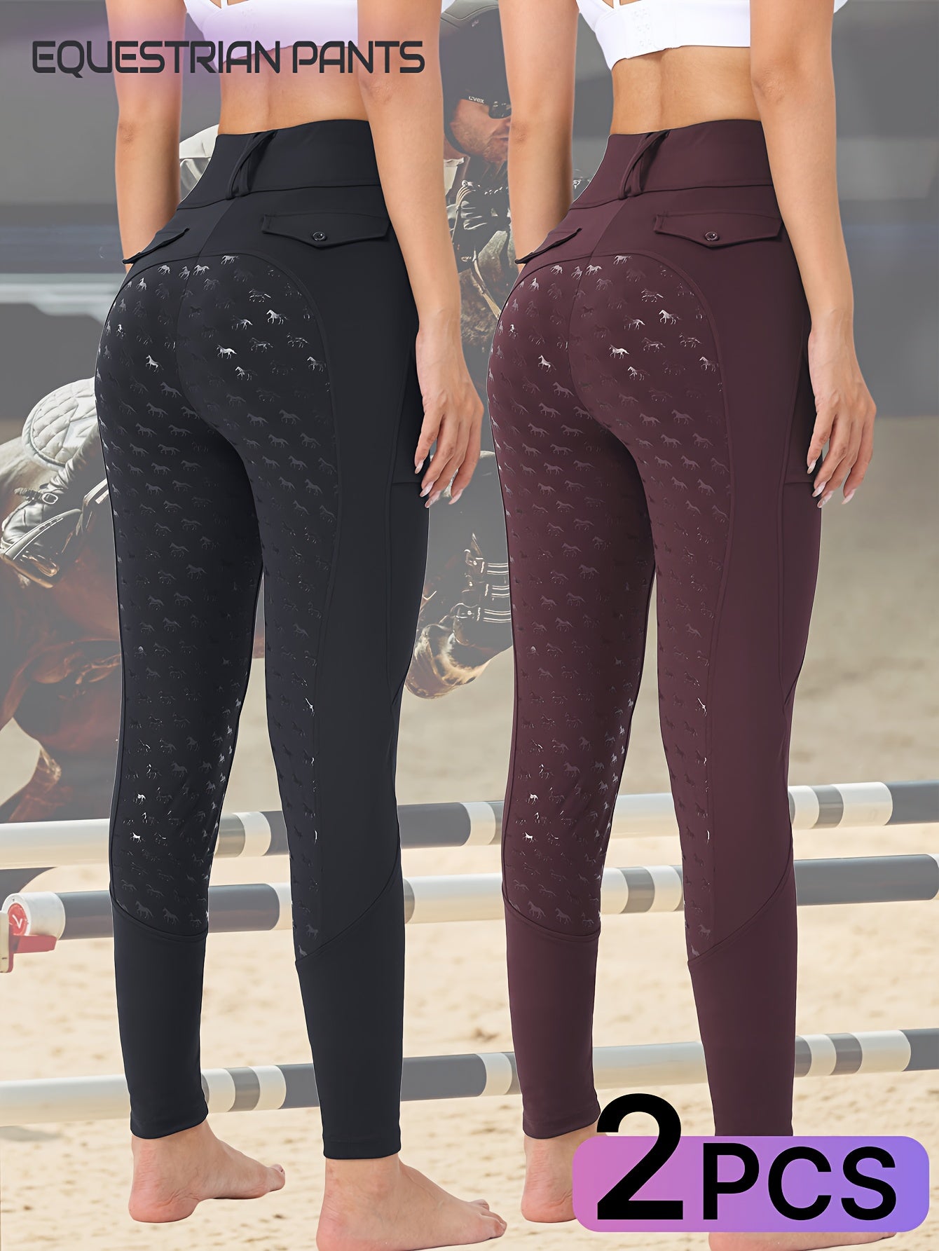 Two-Piece Women'S Equestrian Pants High-Waisted Butt-Lifting Breathable Riding Pants with Side Pockets, Full-Seat Silicone Quick-Dry Tight-Fitting Shaping High-Elasticity Anti-Slip Horseback Riding Pants Suitable for Professi