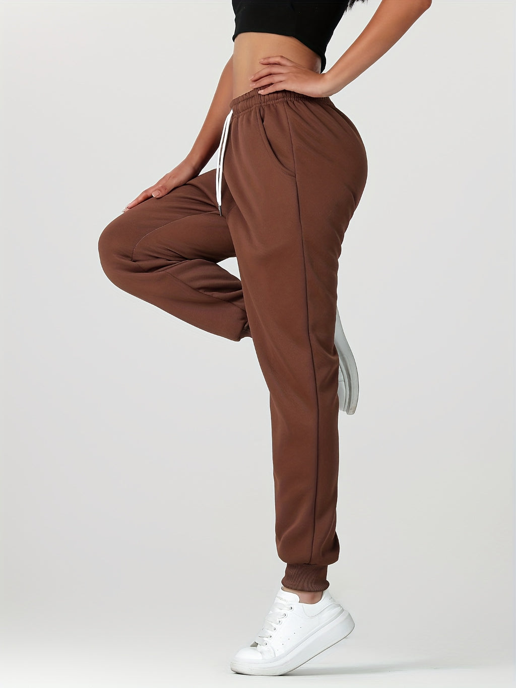 1pc Autumn Winter Women's Long Pants, Fleece-Lined Warm Casual Sports Trousers with Elastic Drawstring Waist, Slant Pockets, Windproof Thermal Cuffed Pants for Winter Daily Home Outing Hiking Leisure Wear