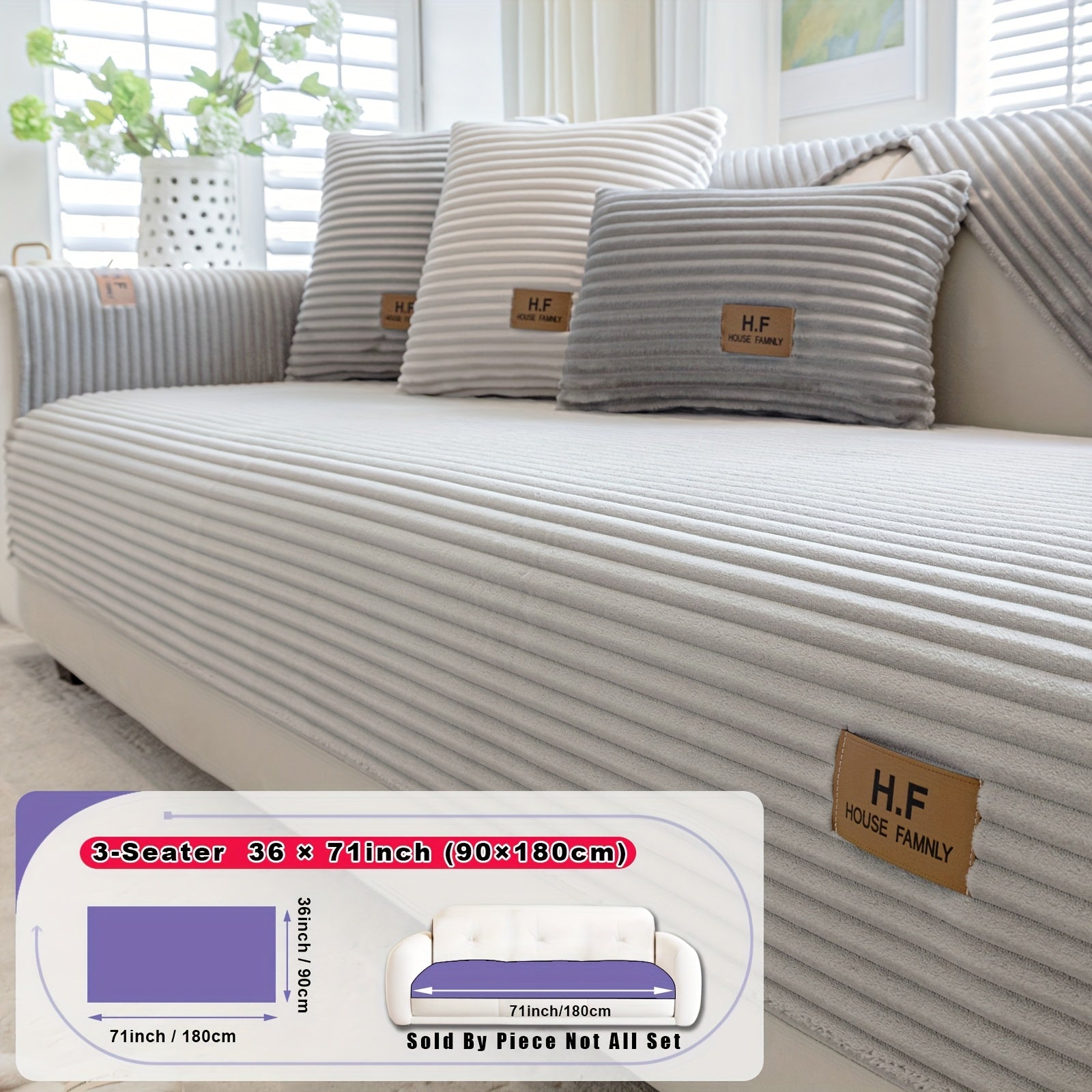 1pc HF Modern Plush Flannel Sofa Cushion Cover - Pet-Friendly Non-Slip Sofa Protector with Striped Design & Leather-Like Patches, Machine Washable Furniture Cover for 3/2/4-Seater, Living Room, Bedroom, Office Decor, Bedroom