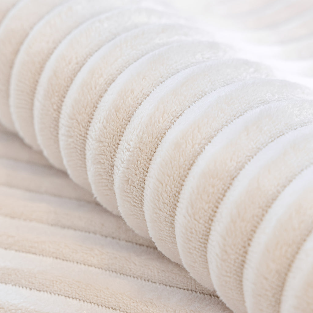 1pc HF Modern Plush Flannel Sofa Cushion Cover - Pet-Friendly Non-Slip Sofa Protector with Striped Design & Leather-Like Patches, Machine Washable Furniture Cover for 3/2/4-Seater, Living Room, Bedroom, Office Decor, Bedroom