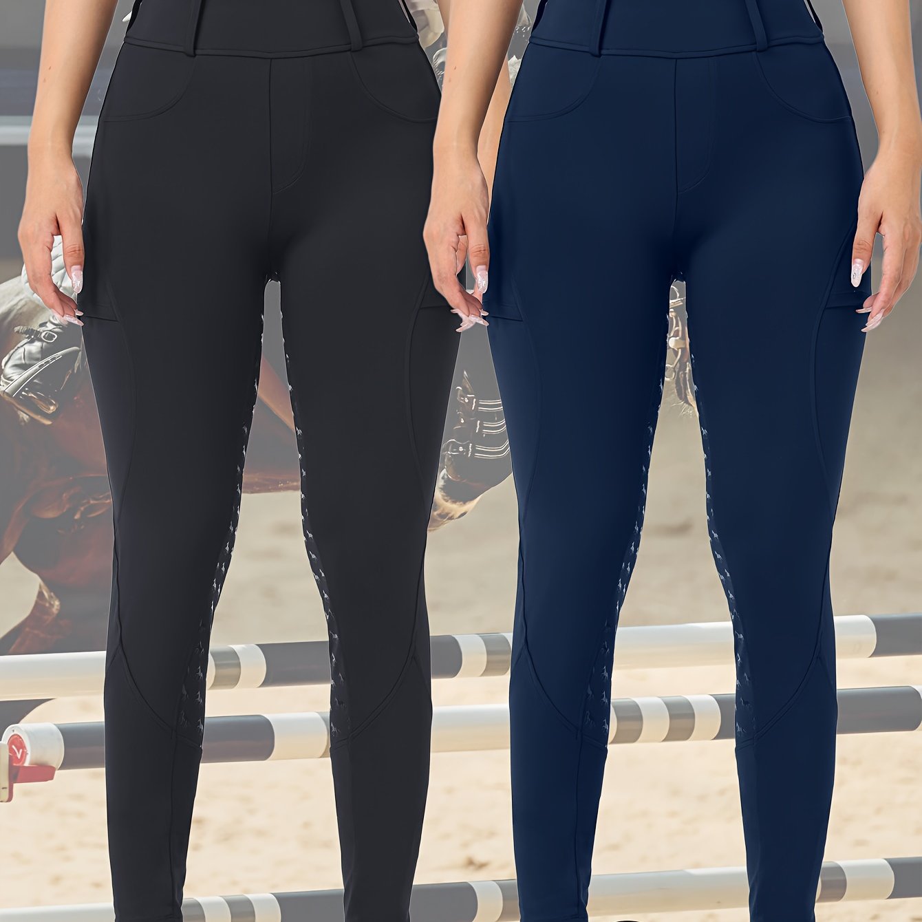 Two-Piece Women'S Equestrian Pants High-Waisted Butt-Lifting Breathable Riding Pants with Side Pockets, Full-Seat Silicone Quick-Dry Tight-Fitting Shaping High-Elasticity Anti-Slip Horseback Riding Pants Suitable for Professi