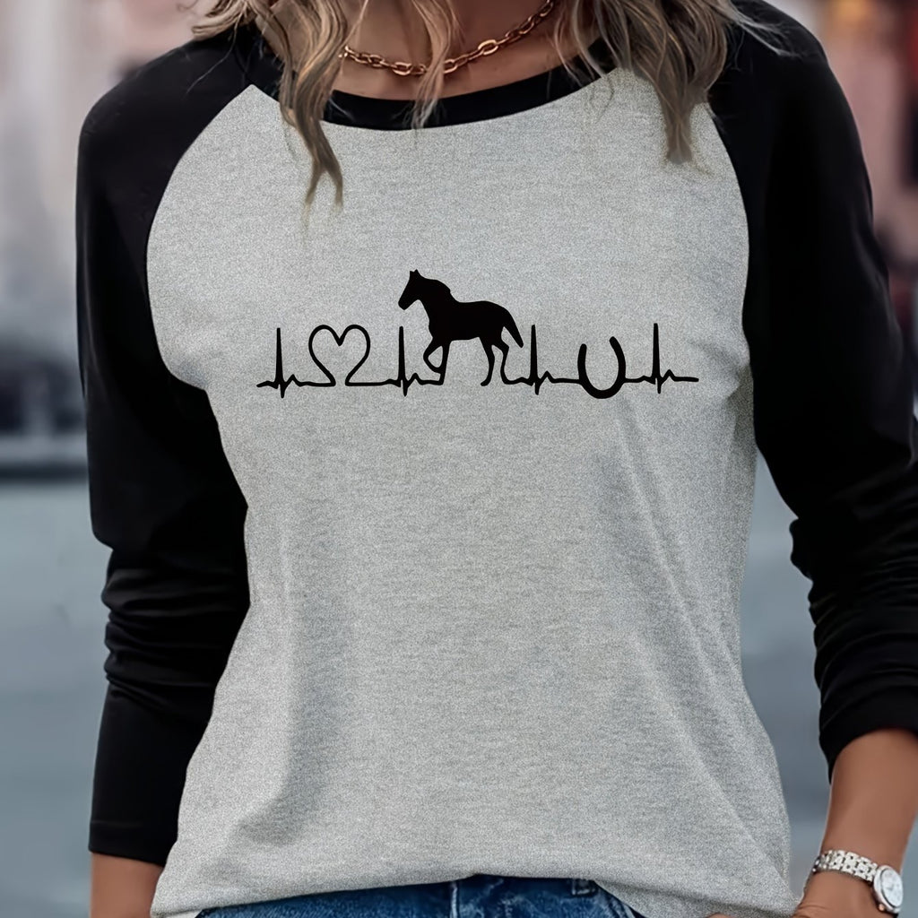 1pc Women'S Casual Horse Heartbeat Graphic T-Shirt, Polyester Knit Crew Neck Long Sleeve Pullover with Medium Stretch, Regular Fit All-Season Tee
