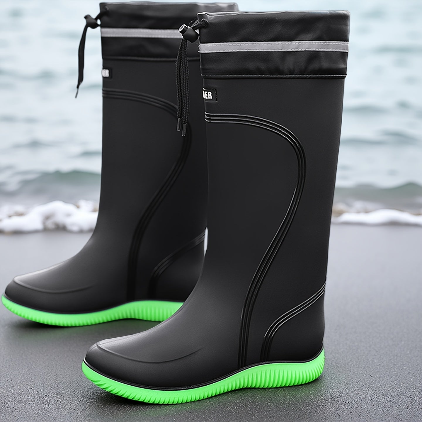 Stivali da Pioggia Unisex in PVC - Neri con Dettagli Rossi e Lati Elastici