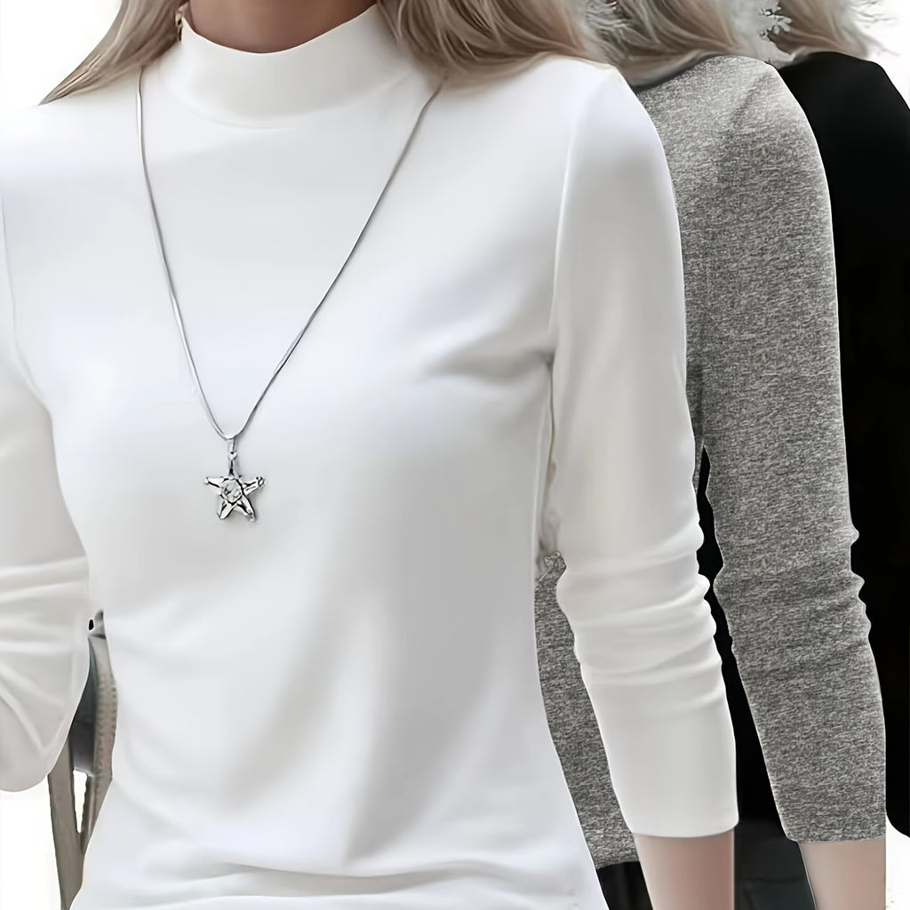 3pcs Women'S Thermal Tops - Long Sleeve Crew Neck, Solid Color, Stretchy & Warm, Casual Style for Fall/Winter, Perfect for Layering or Standalone Outfits, Winter Clothing | Crew Neck Tops | Stretchy Fabric