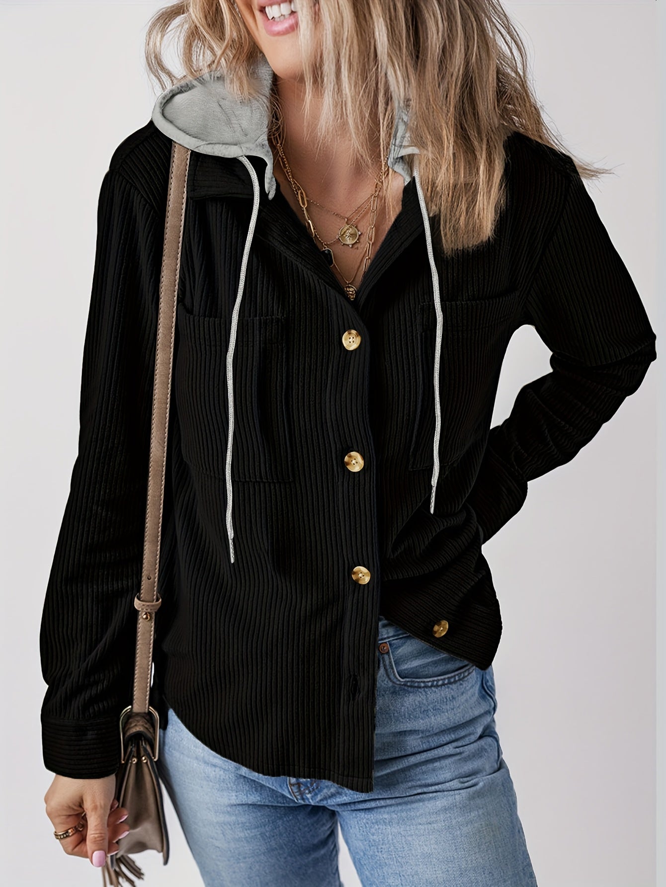 Women'S Casual Long Sleeve Hooded Jacket - Solid Color Black, Button-Up Front, Cozy Fall/Winter Outerwear with Drawstring Hood, Buttoned Cuffs, and Chest Pockets, Casual Wear Hoodie | Minimalist Fashion | Functional Pockets