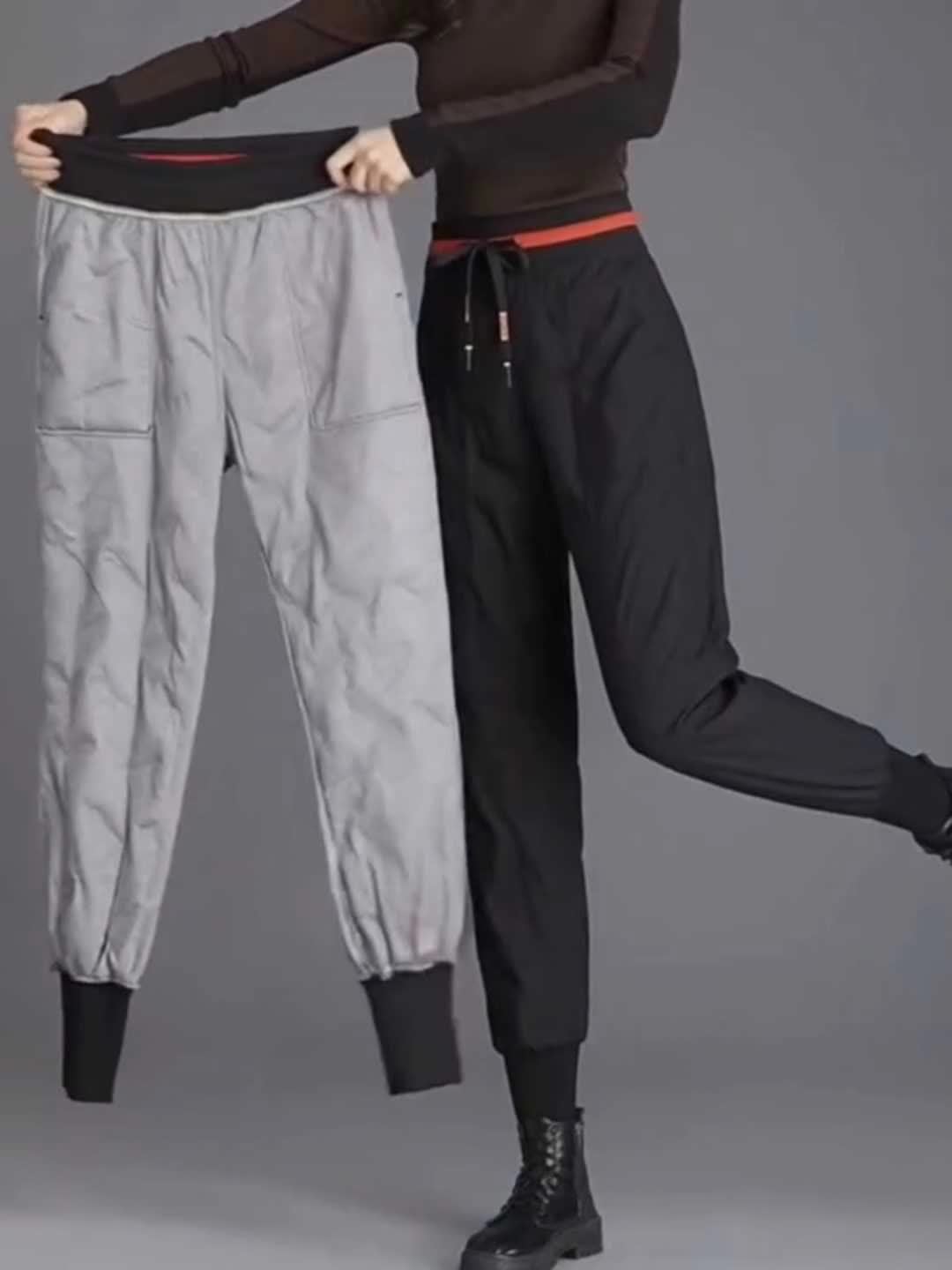 Women's Thermal Duck Down Pants - High-Waisted Winter Snow Pants with Duck Down Filling, Cuffed Trousers & Contrast Waistband, Elastic Drawstring Waist (No Belt) for Skiing, Snowboarding & Cold Weather (Casual)