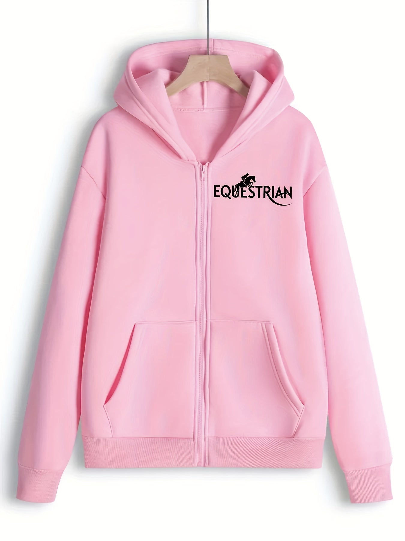 Women's Equestrian Print Hooded Zip-Up Jacket - Horse Head & Lettering Design, All-Season Casual Sportswear Coat, Machine Washable Relaxed Fit Outerwear for Horseback Riding & Everyday Use