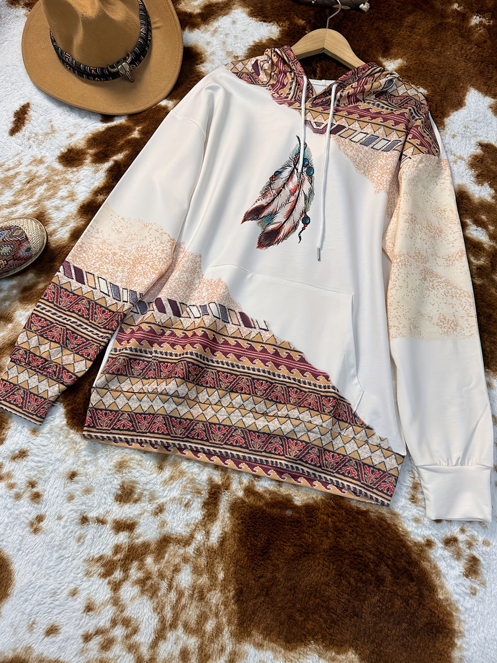 Women's Western Bohemian Hooded Pullover Sweatshirt - Retro Geometric Print with Turquoise Accents, Adjustable Drawstring Hood, Machine Washable Casual Top for All Seasons, Versatile Clothing | Detailed Motif