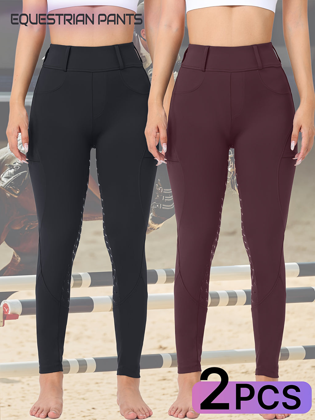 Two-Piece Women'S Equestrian Pants High-Waisted Butt-Lifting Breathable Riding Pants with Side Pockets, Full-Seat Silicone Quick-Dry Tight-Fitting Shaping High-Elasticity Anti-Slip Horseback Riding Pants Suitable for Professi
