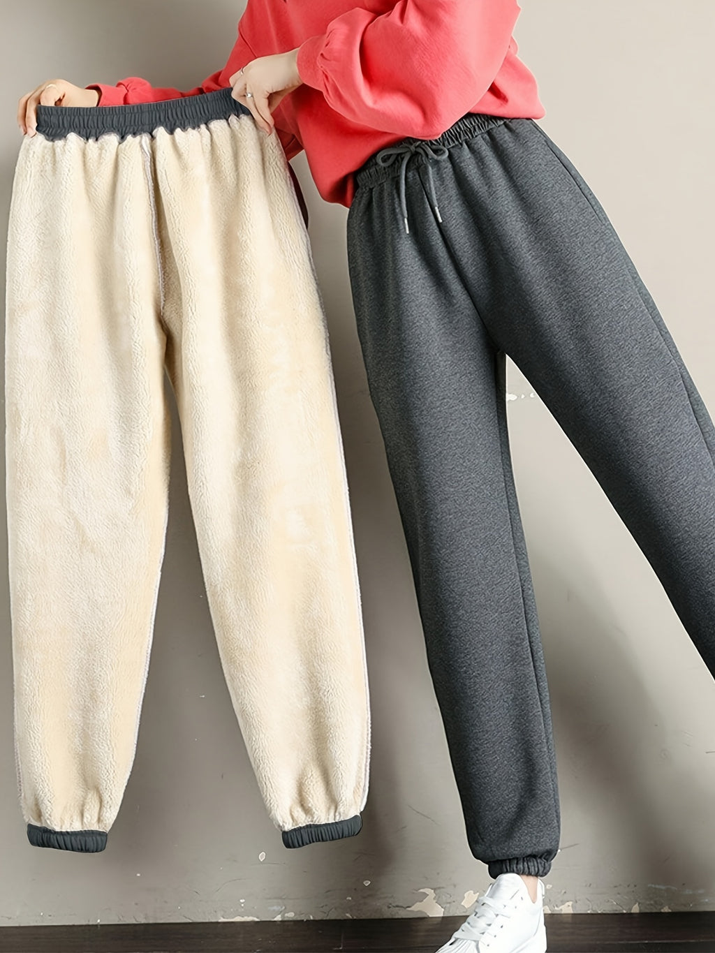 1pc Autumn Winter Women's Long Pants, Fleece-Lined Warm Casual Sports Trousers with Elastic Drawstring Waist, Slant Pockets, Windproof Thermal Cuffed Pants for Winter Daily Home Outing Hiking Leisure Wear