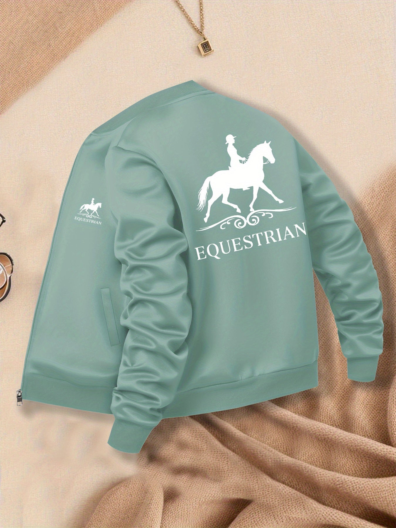 Women's Equestrian Print Casual Jacket - All-Season Comfort with Baseball Collar & Zip-Up Design, Long Sleeve Machine-Washable Coat with Pockets for Outdoor Activities, Equestrian Apparel, Durable Zipper Closure