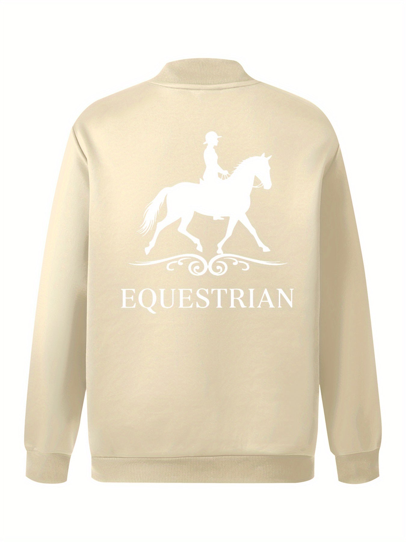 Women's Equestrian Print Casual Jacket - All-Season Comfort with Baseball Collar & Zip-Up Design, Long Sleeve Machine-Washable Coat with Pockets for Outdoor Activities, Equestrian Apparel, Durable Zipper Closure