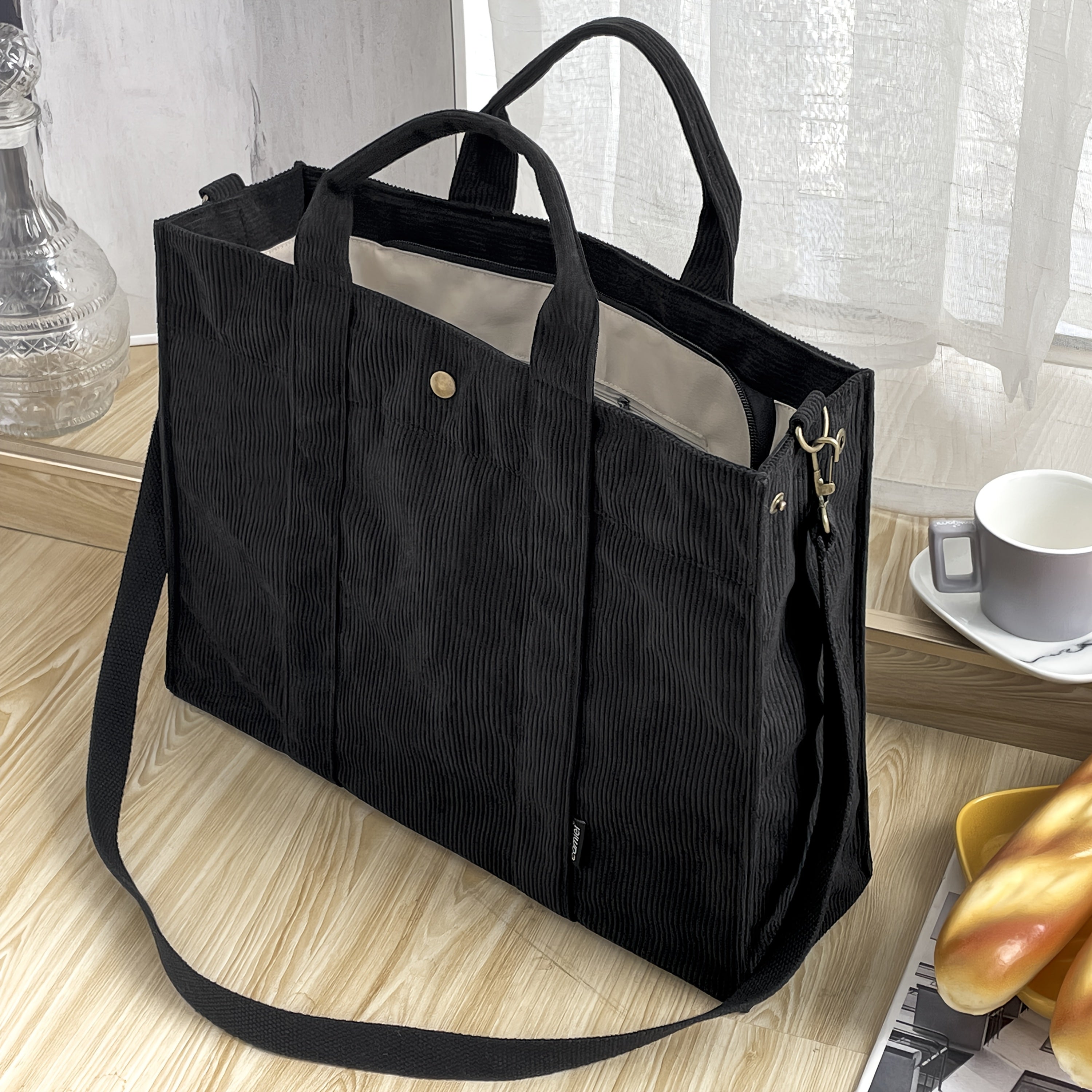 Women'S Corduroy Tote Bag - Stylish Striped Design with Zipper Closure, Thick and Durable, Perfect for Work, School, or Casual Use, Hand Wash Only, Everyday Tote Bag|Vintage Charm Bag|Soft Texture Ba