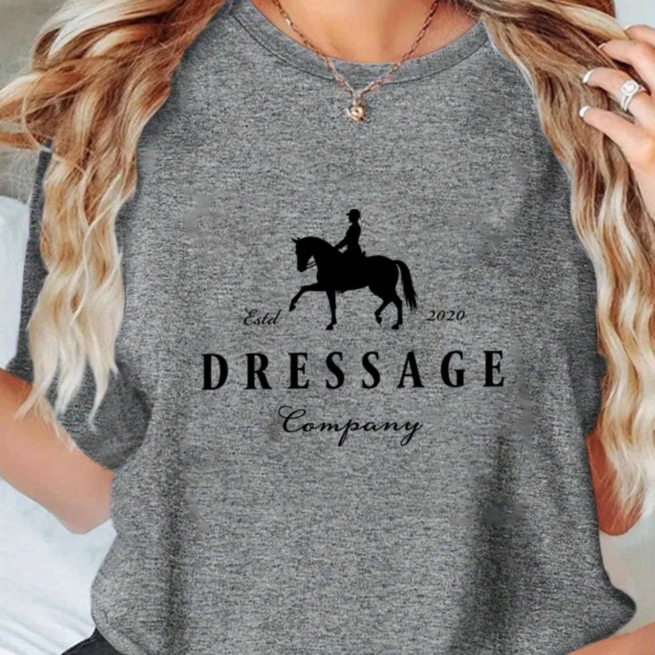 Women'S Elegant Dressage Graphic T-Shirt - White Tee with Black Dressage Text, Soft Breathable Polyester Blend Shirt for Equestrian Events, Casual Attire & Casual Outfits - All-Season Women'S Top, Horse T Shirt, Outdoor Activ
