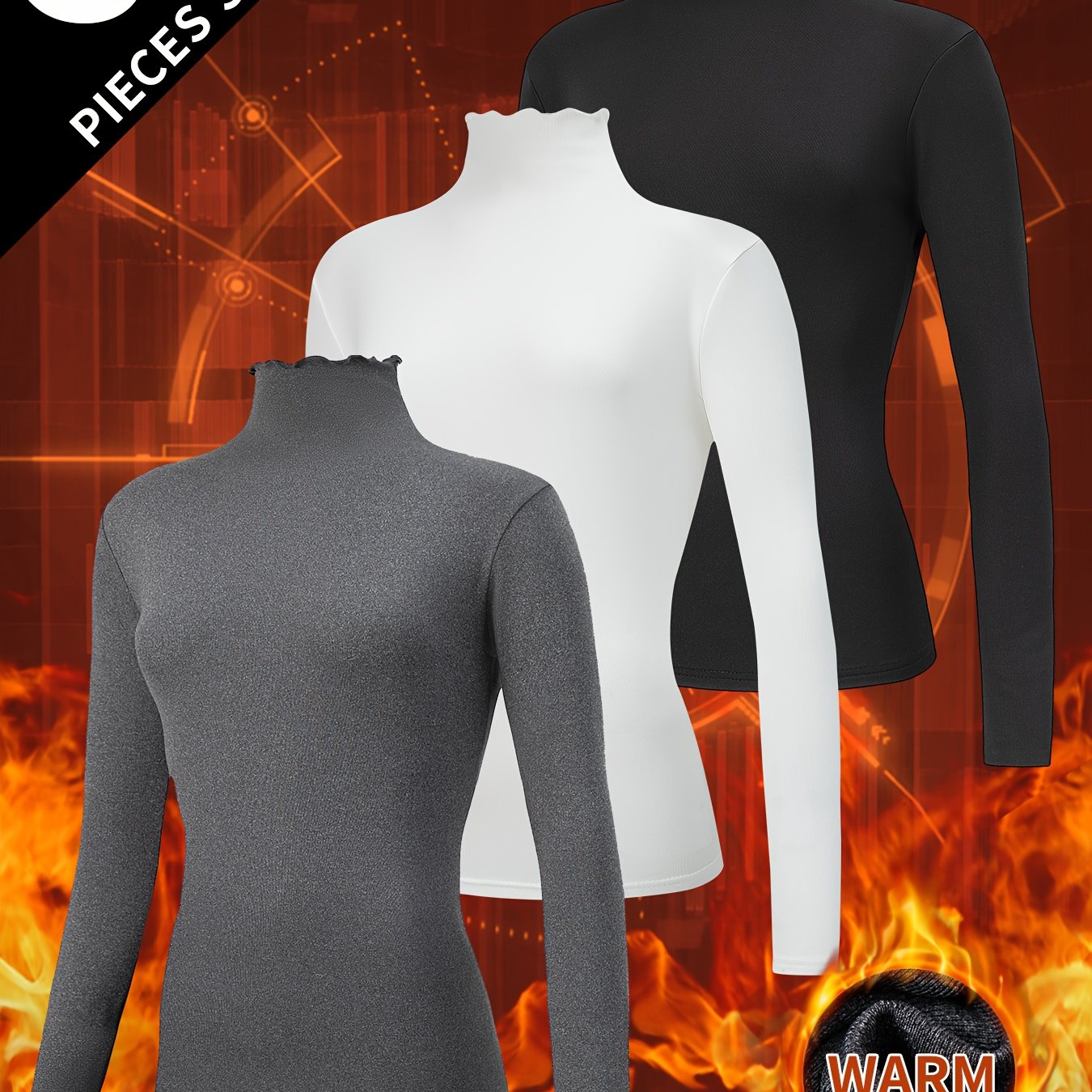 3pcs Women's Thermal Long Sleeve High Neck Tops - Stretchy Lace Collar Layering Shirts, Slim-Fit Winter Base Layers in Black/White/Grey | Soft Warmth for Casual & Formal Outfits, Hand Washable High-Elastic Fabric