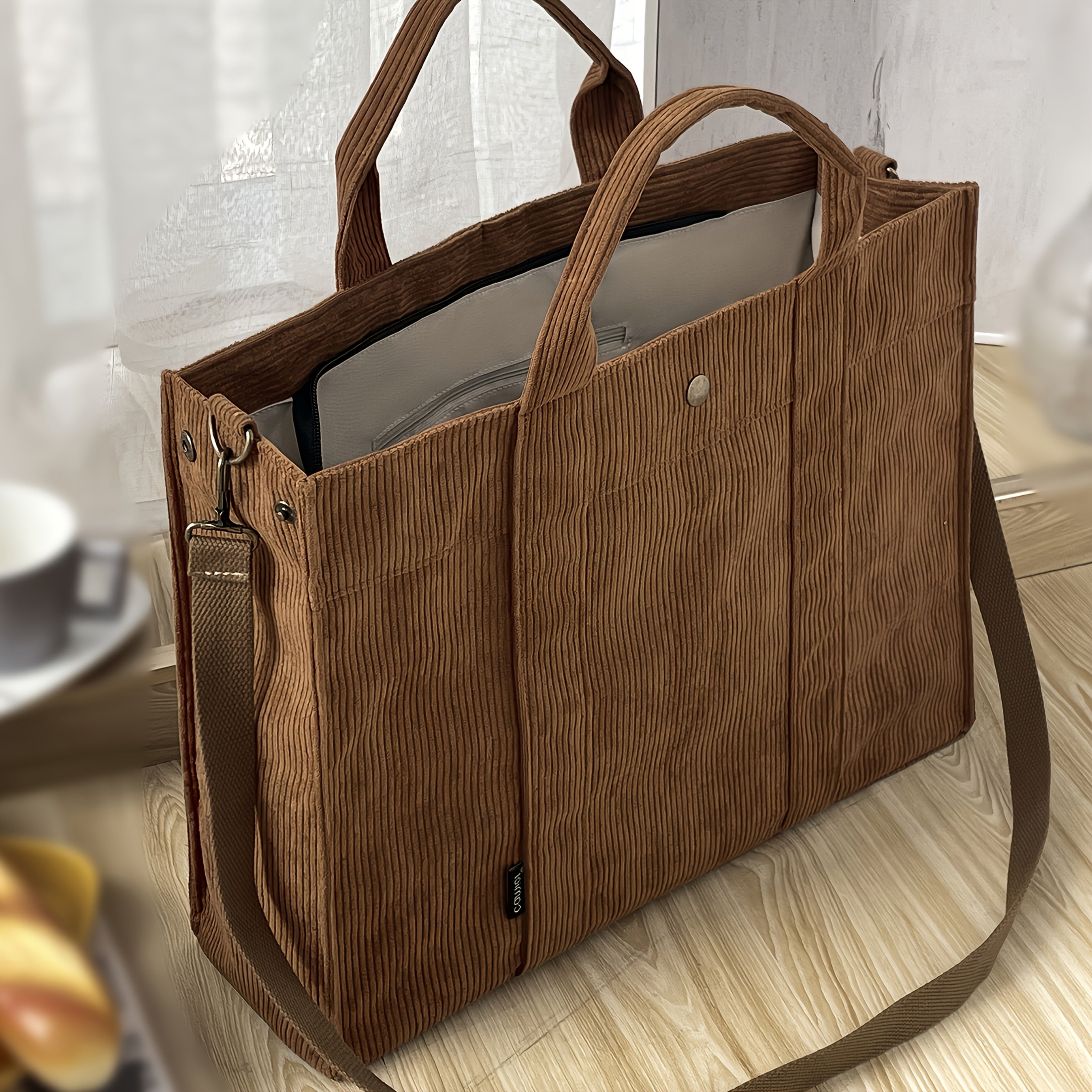 Women'S Corduroy Tote Bag - Stylish Striped Design with Zipper Closure, Thick and Durable, Perfect for Work, School, or Casual Use, Hand Wash Only, Everyday Tote Bag|Vintage Charm Bag|Soft Texture Ba